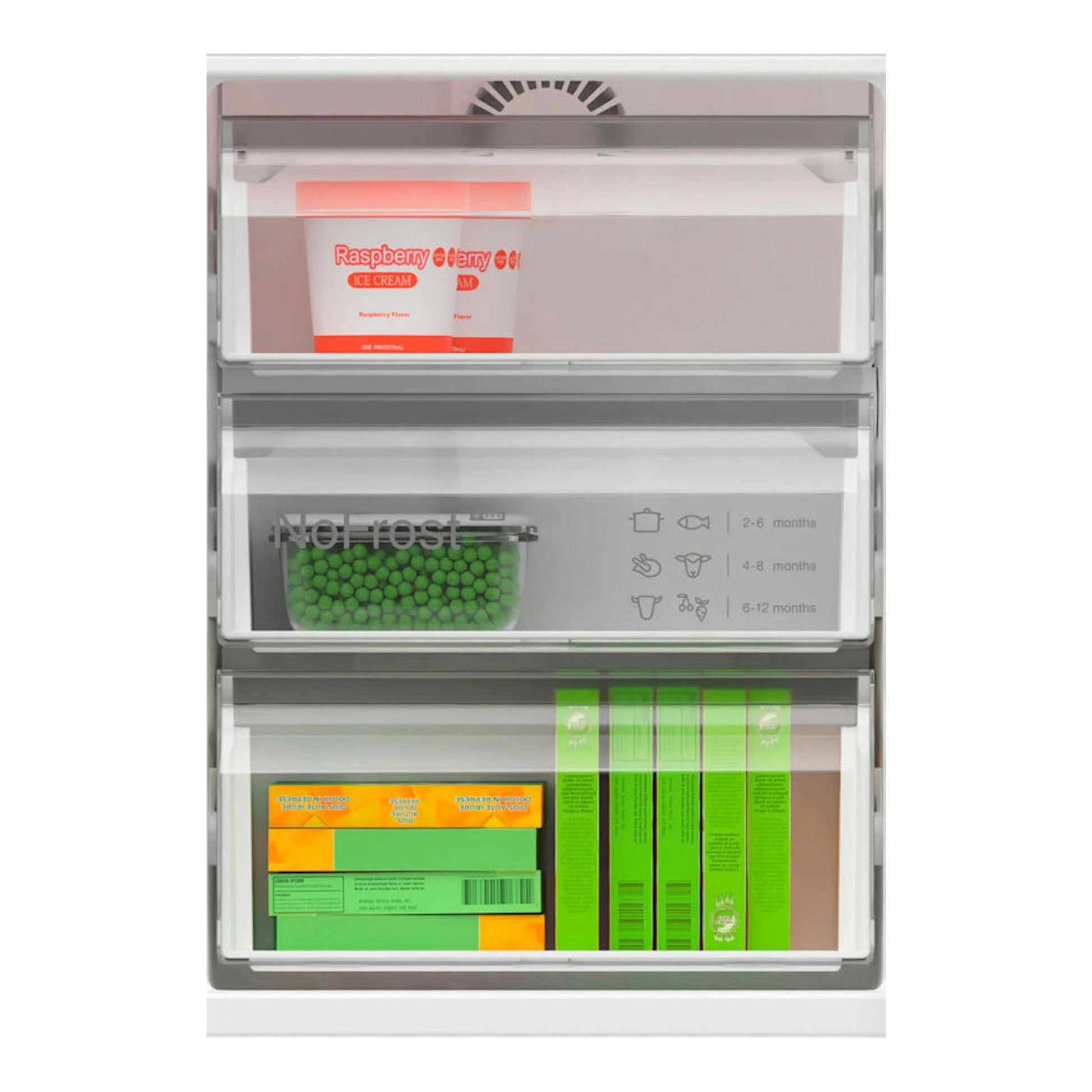 Frigorífico combi integrable Bosch KIN86VSE0, vista frontal abierta, interior blanco con cajones transparentes.