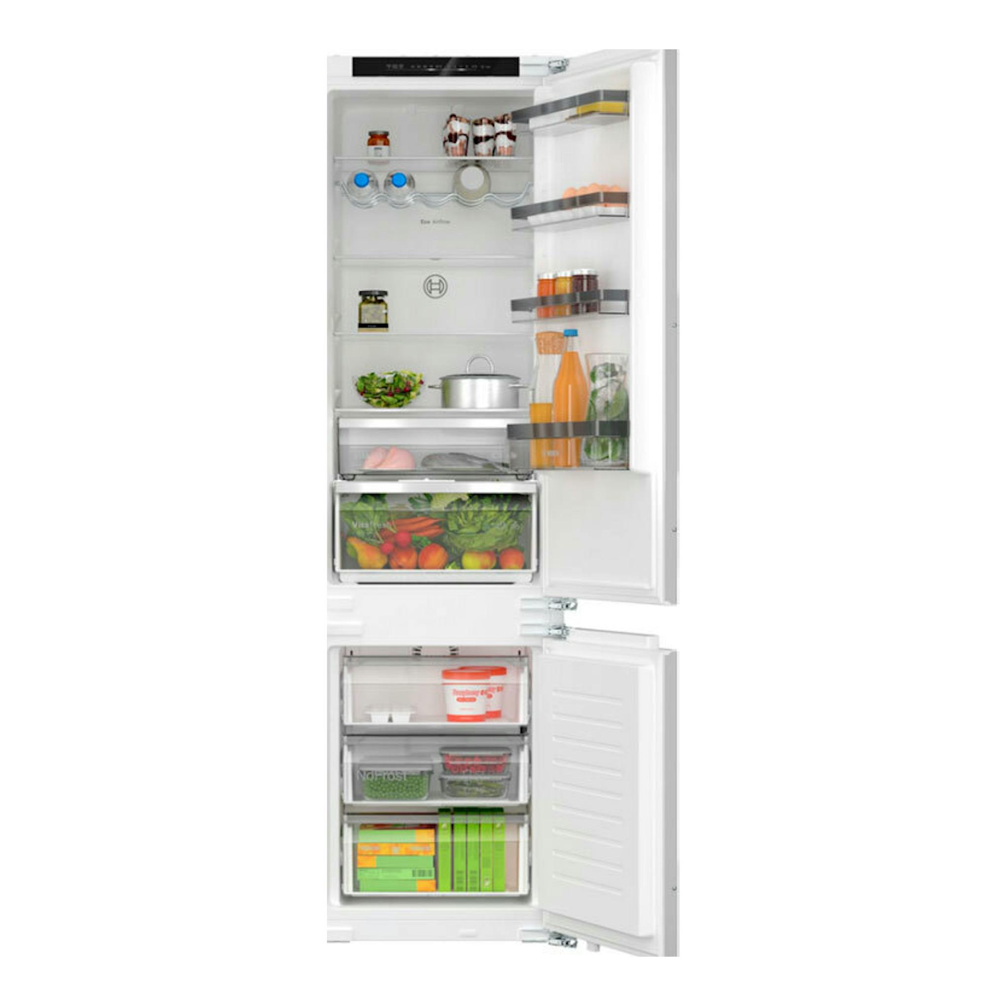 Frigorífico combi integrable Bosch KIN96VFD0, blanco, vista frontal con puertas abiertas y compartimentos visibles.