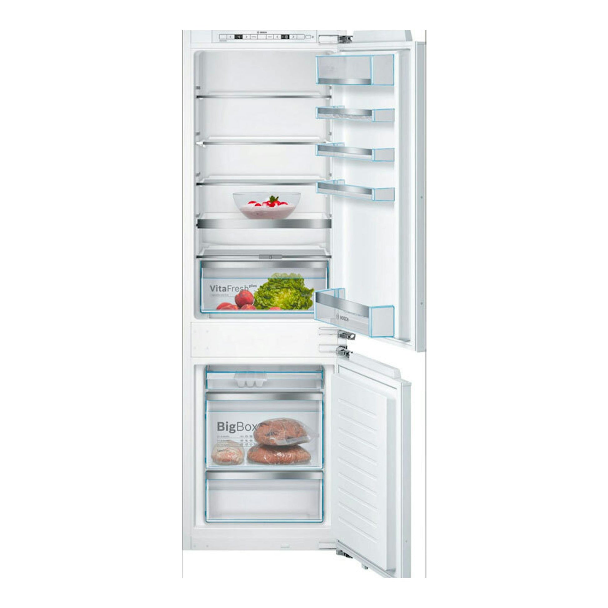 Frigorífico combi integrable Bosch KIS86AFE0 abierto, vista frontal, interior blanco con cajones y baldas.
