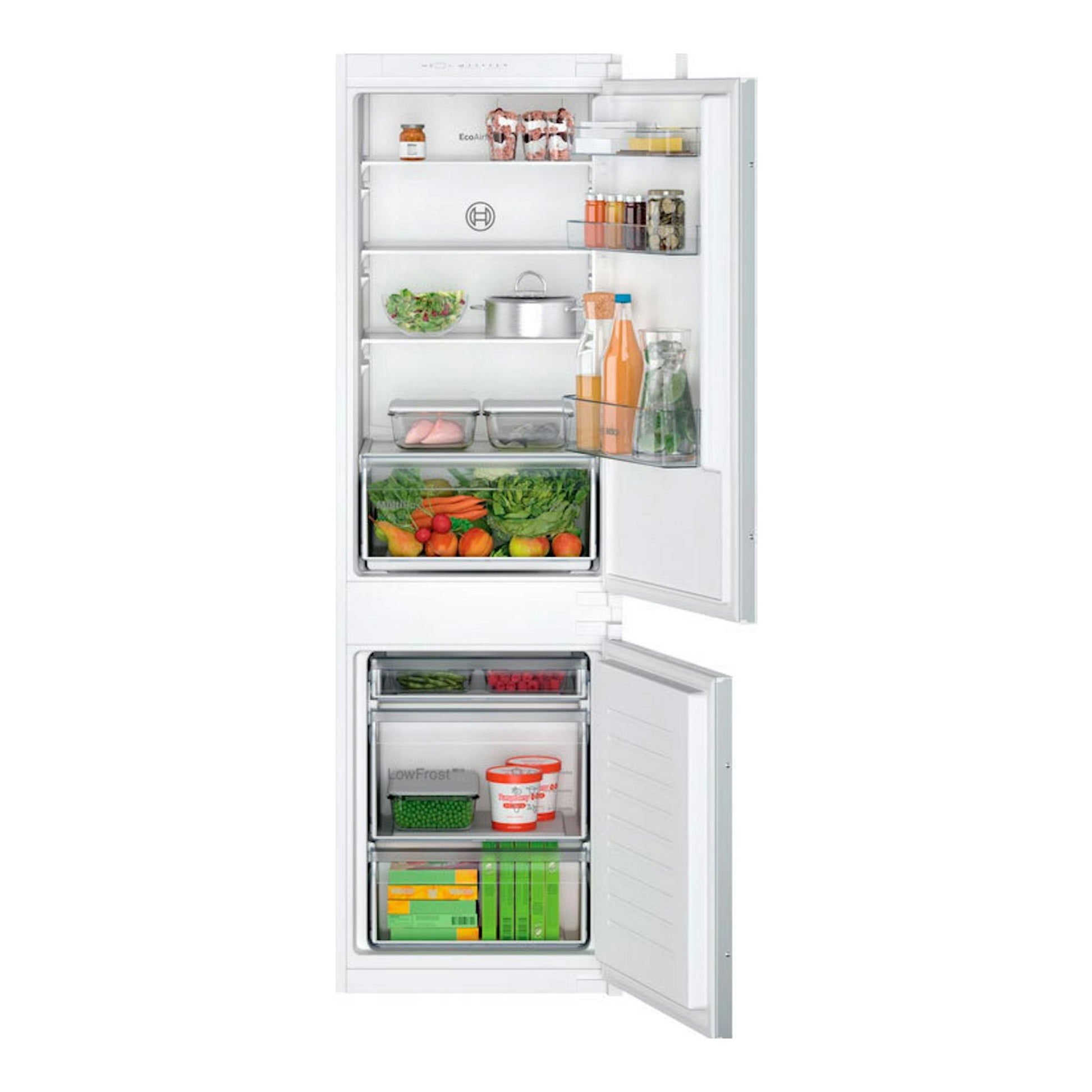 Frigorífico combi integrable Bosch KIV86NSE0, blanco, vista frontal abierto con interior y congelador.