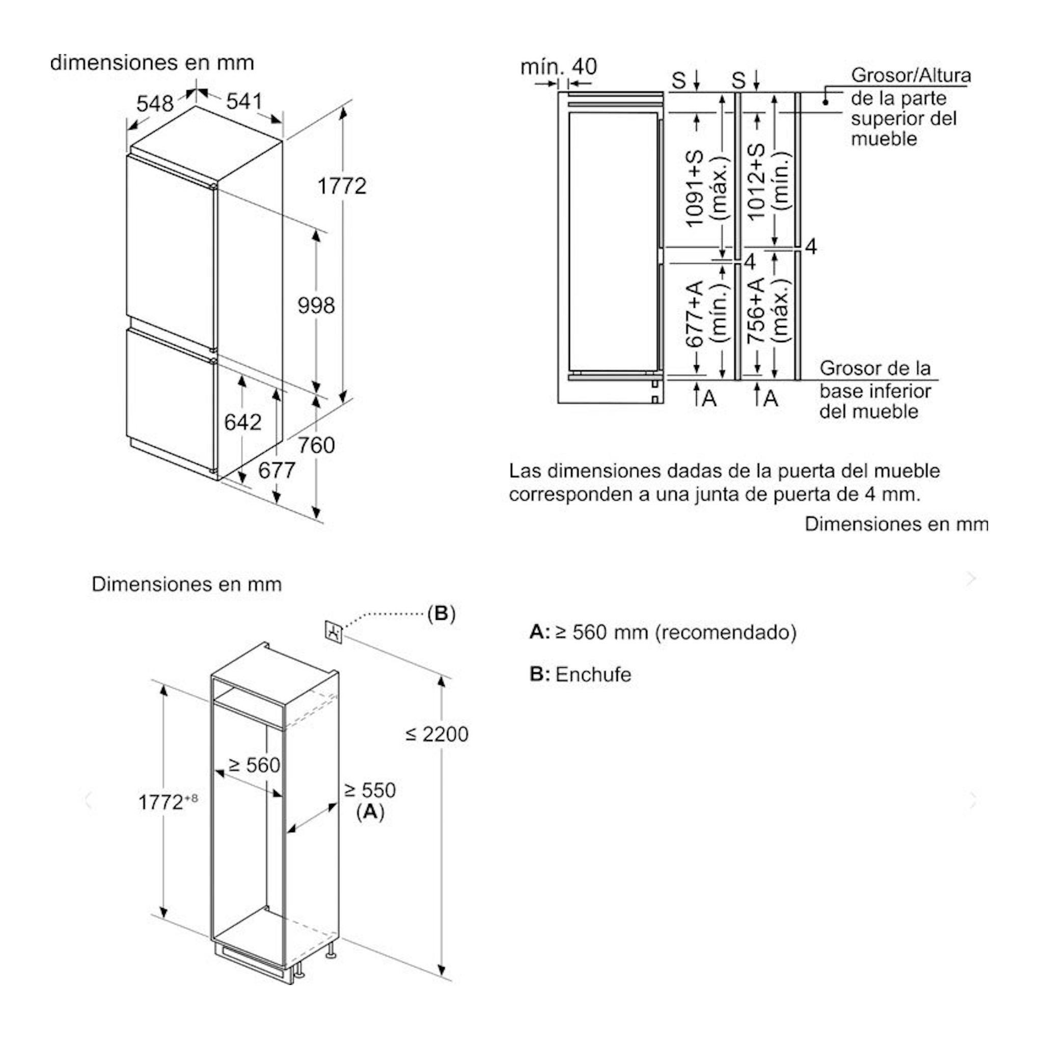 Bosch KIV86NSE0, esquema técnico de medidas de frigorífico combi integrable en blanco, con vistas frontal y lateral.