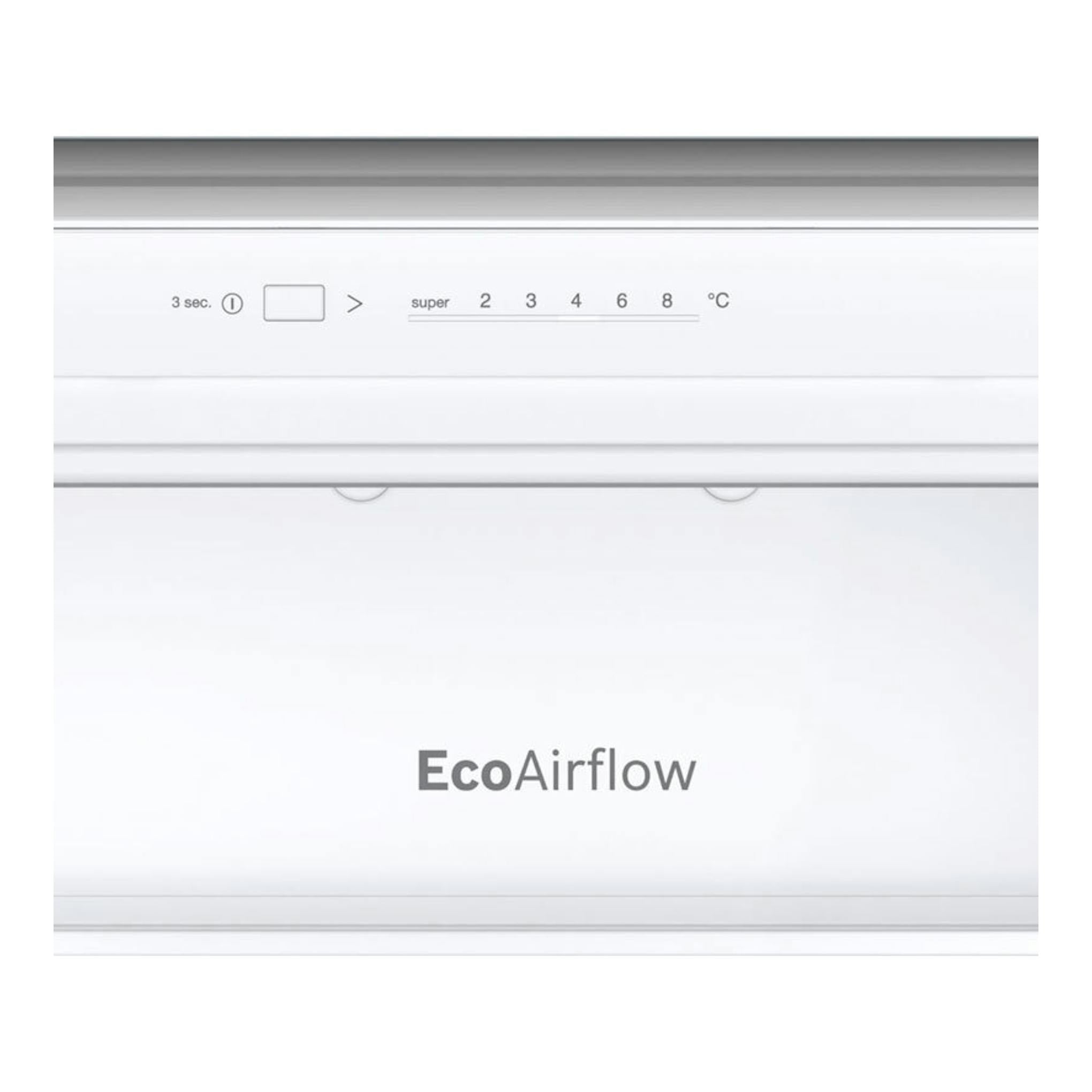 Vista frontal de panel blanco de frigorífico integrable Bosch KIV86NSE0, con control de temperatura y EcoAirflow.