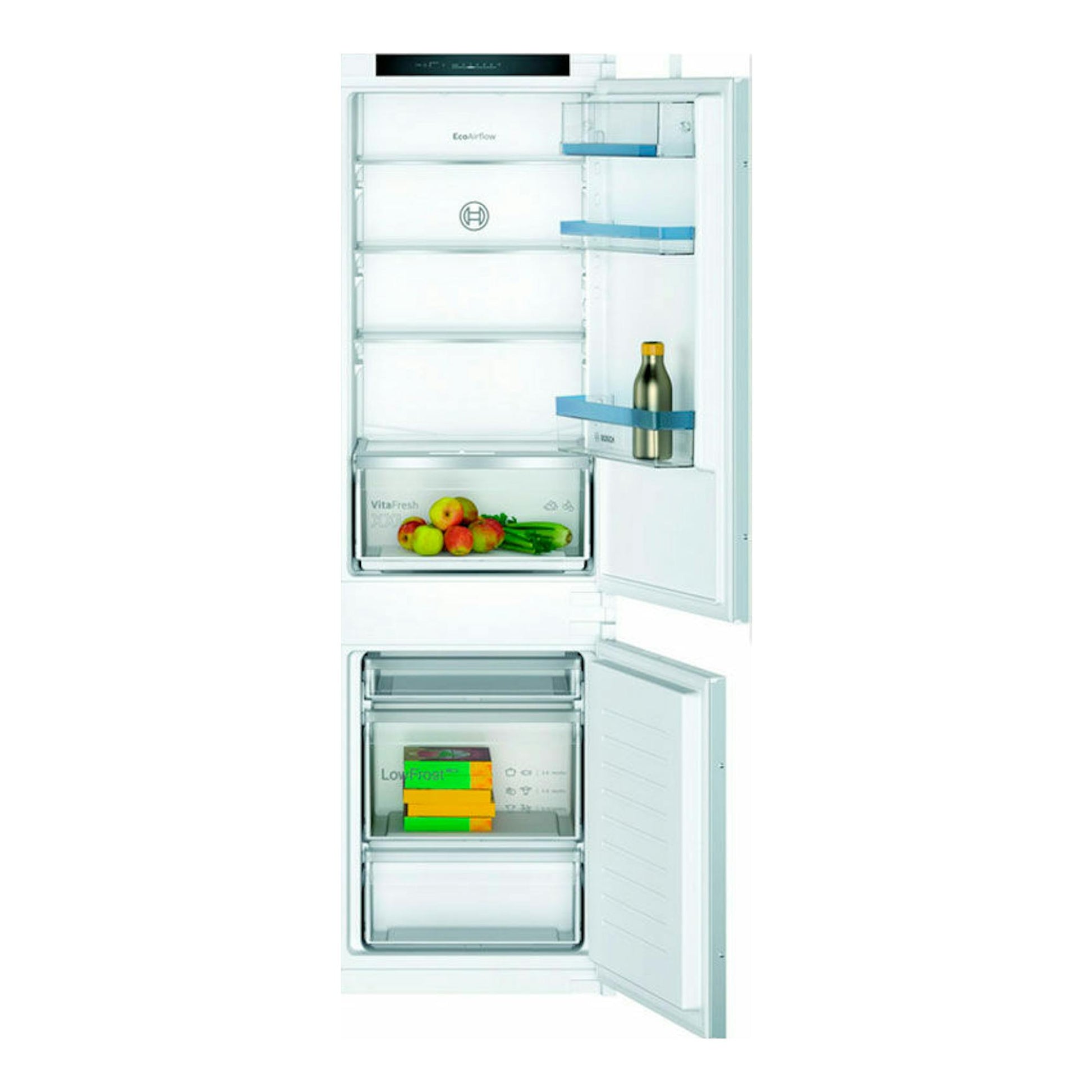 Frigorífico combi integrable Bosch KIV86VSE0, vista frontal con puertas abiertas, interior blanco.