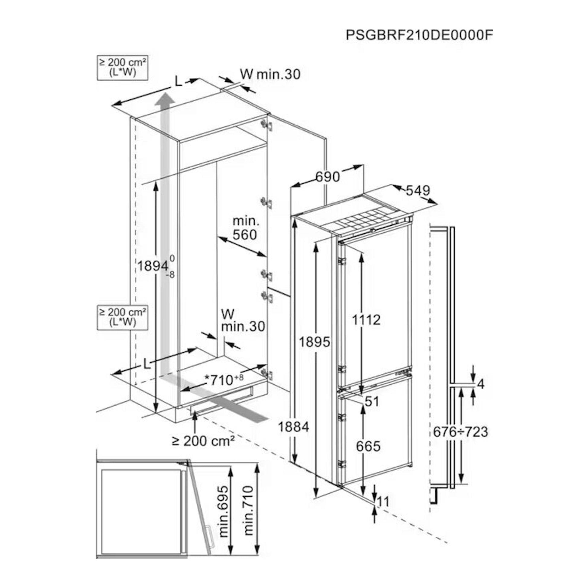 Diagrama técnico de instalación de frigorífico combi integrable Electrolux ENG7TE75S con medidas y ventilación.