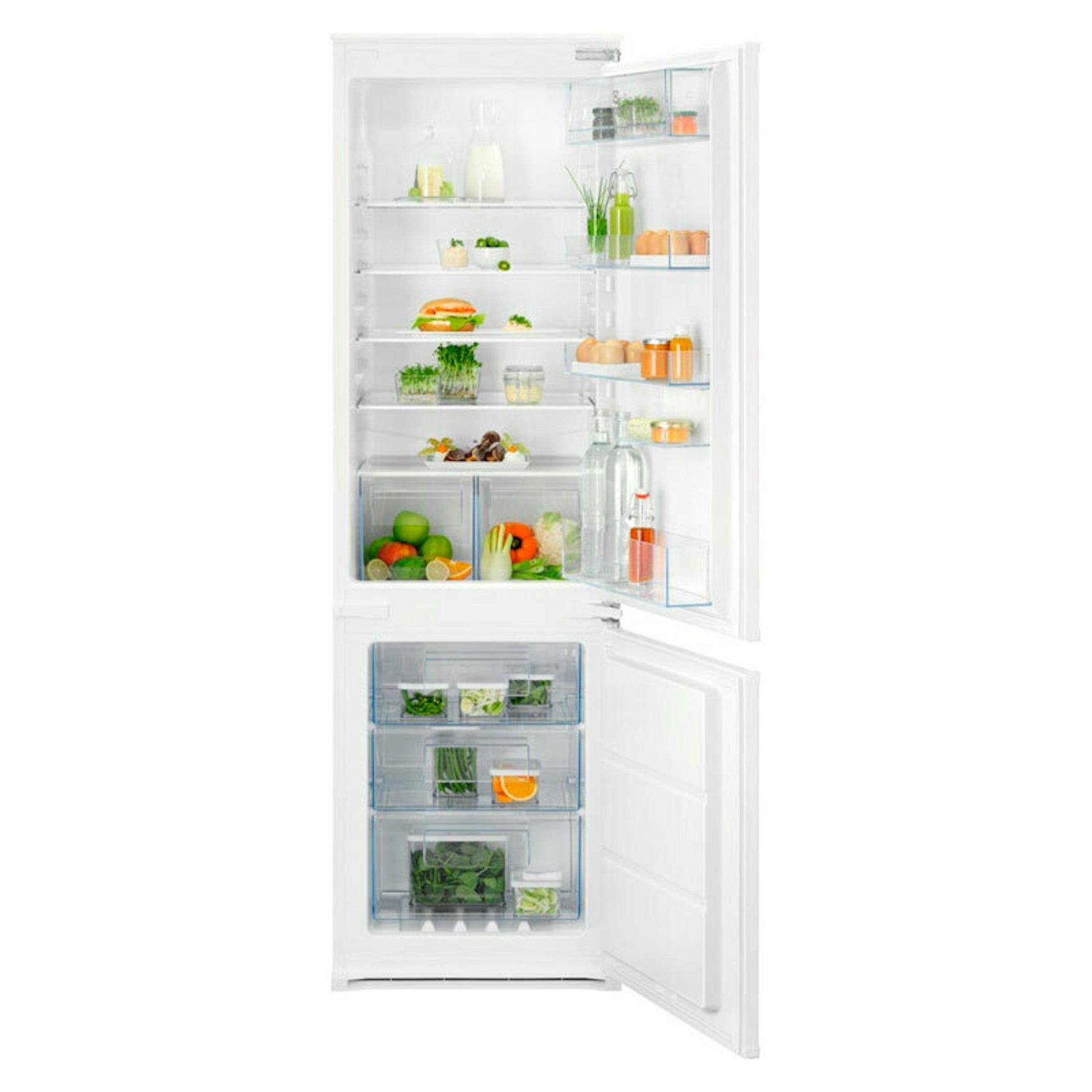 Frigorífico combi integrable Electrolux ENT6NE18S abierto con interior visible
