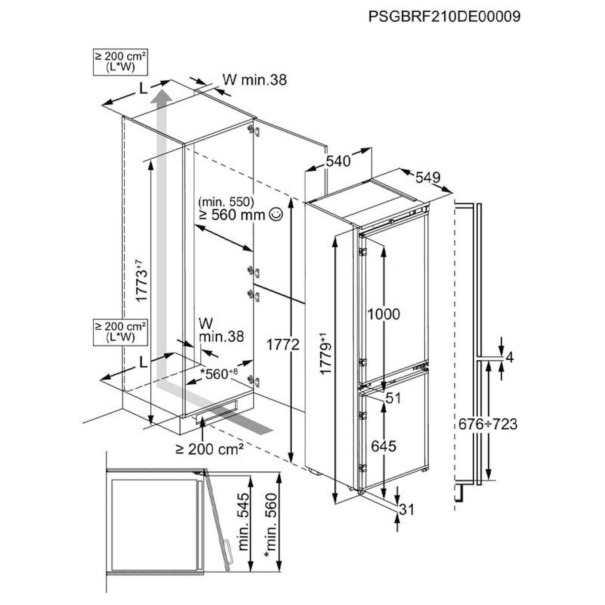 Diagrama de instalación del frigorífico combi integrable Electrolux ENT6NE18S con medidas