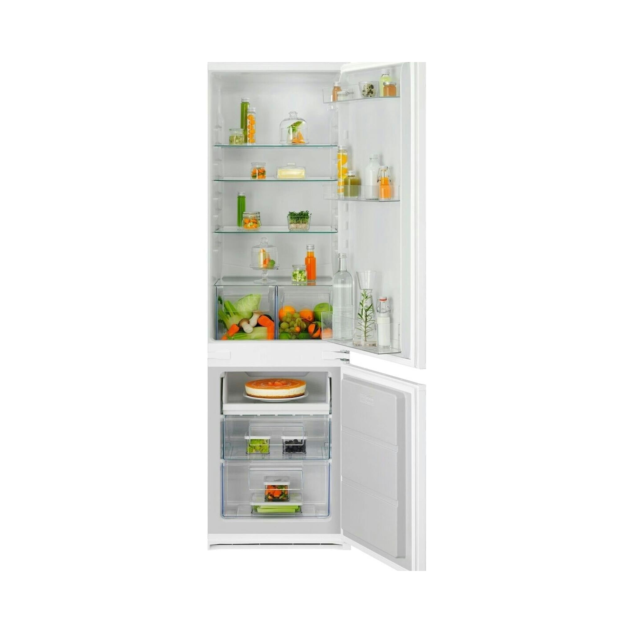 Frigorífico combi integrable Electrolux LNA6LE18S, vista frontal abierto, interior blanco y congelador inferior.