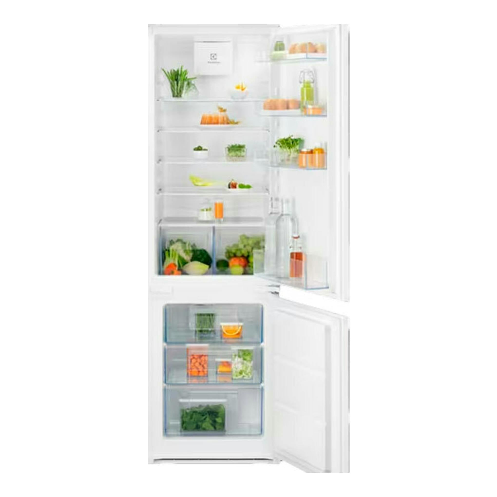 Frigorífico combi integrable Electrolux LND5FE18S blanco, vista frontal con puertas abiertas y cajones.