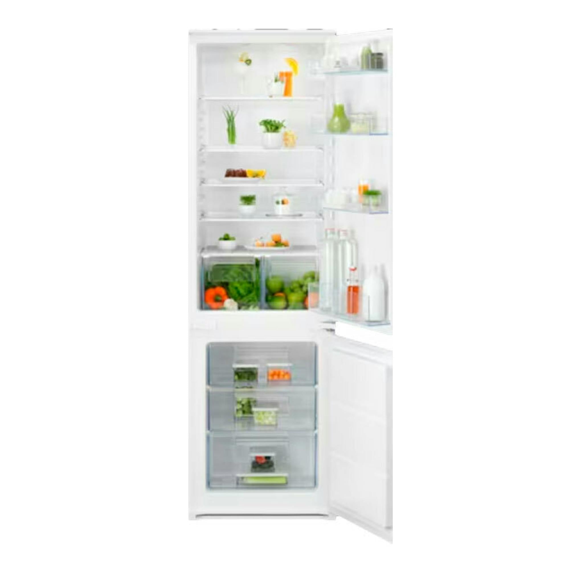 Frigorífico combi integrable Electrolux LNS5LE18S, blanco, vista frontal con puertas abiertas.
