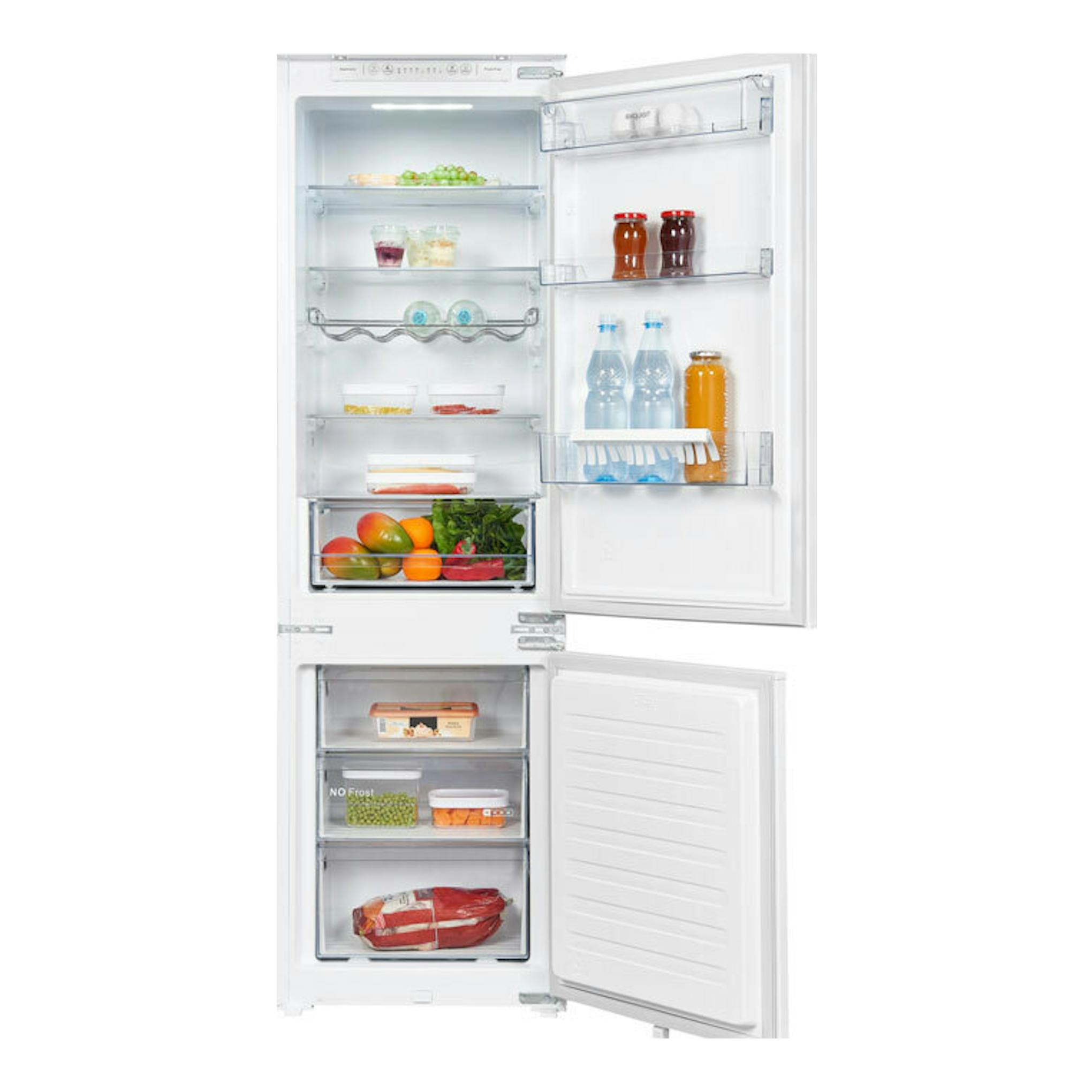 Frigorífico combi integrable Exquisit EKGC270-70-NF-010E blanco, vista frontal con puertas abiertas.