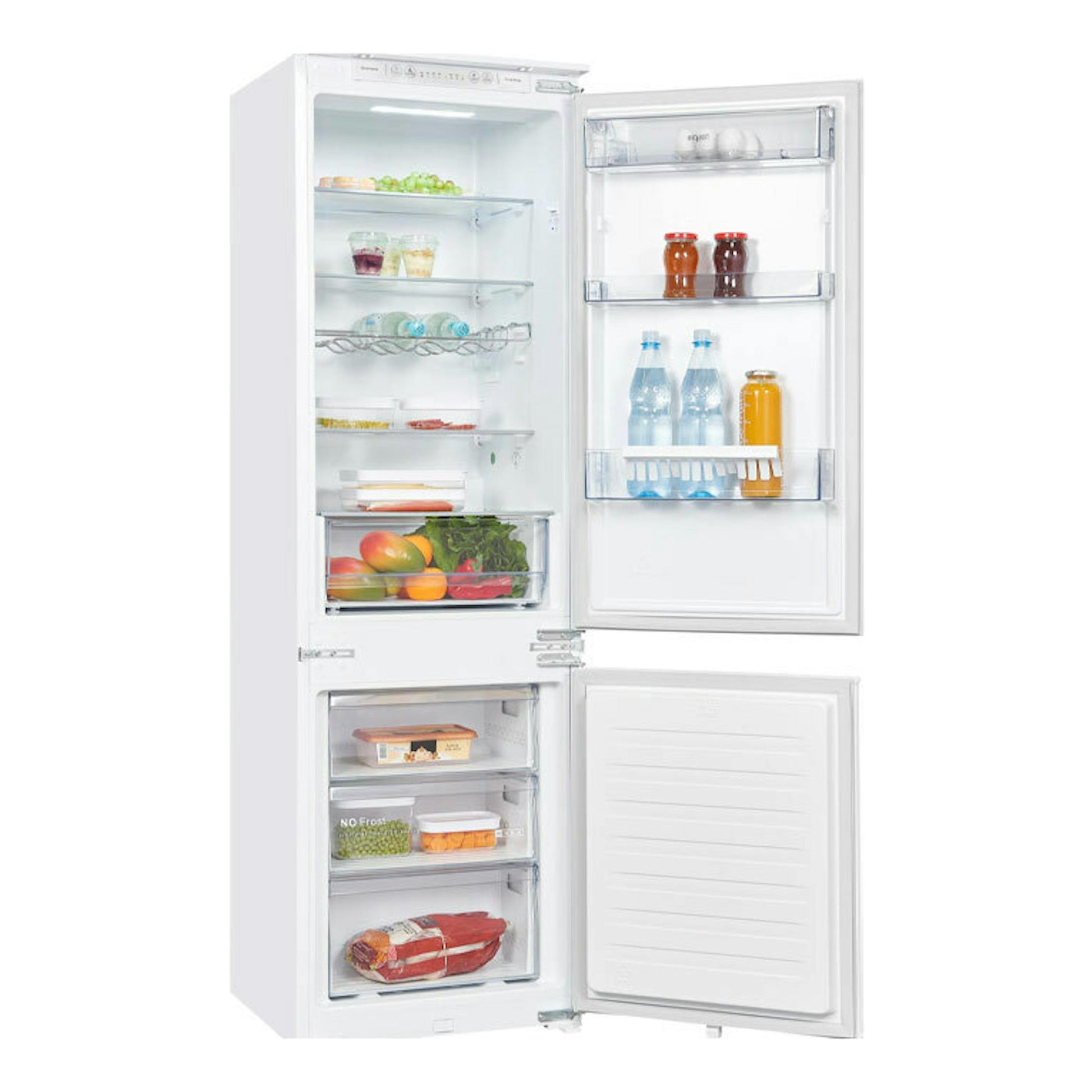 Frigorífico combi integrable Exquisit EKGC270-70-NF-010E, blanco, con puertas abiertas y interior visible.