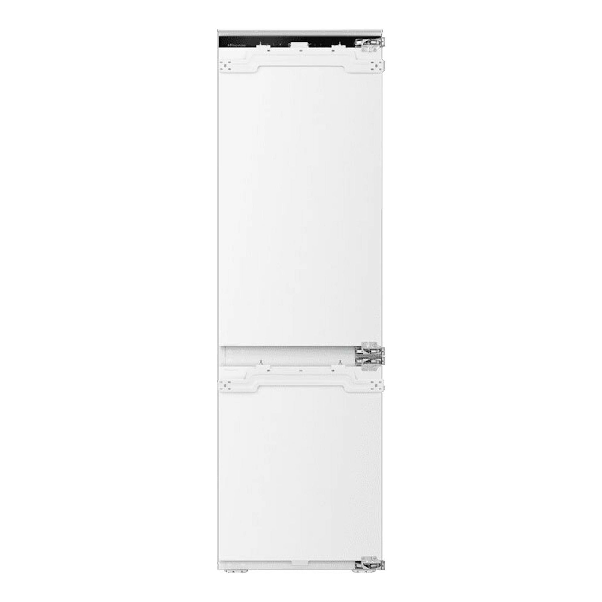 Frigorífico combi integrable Hisense RB3B250SAWE, frontal blanco, con bisagras visibles.