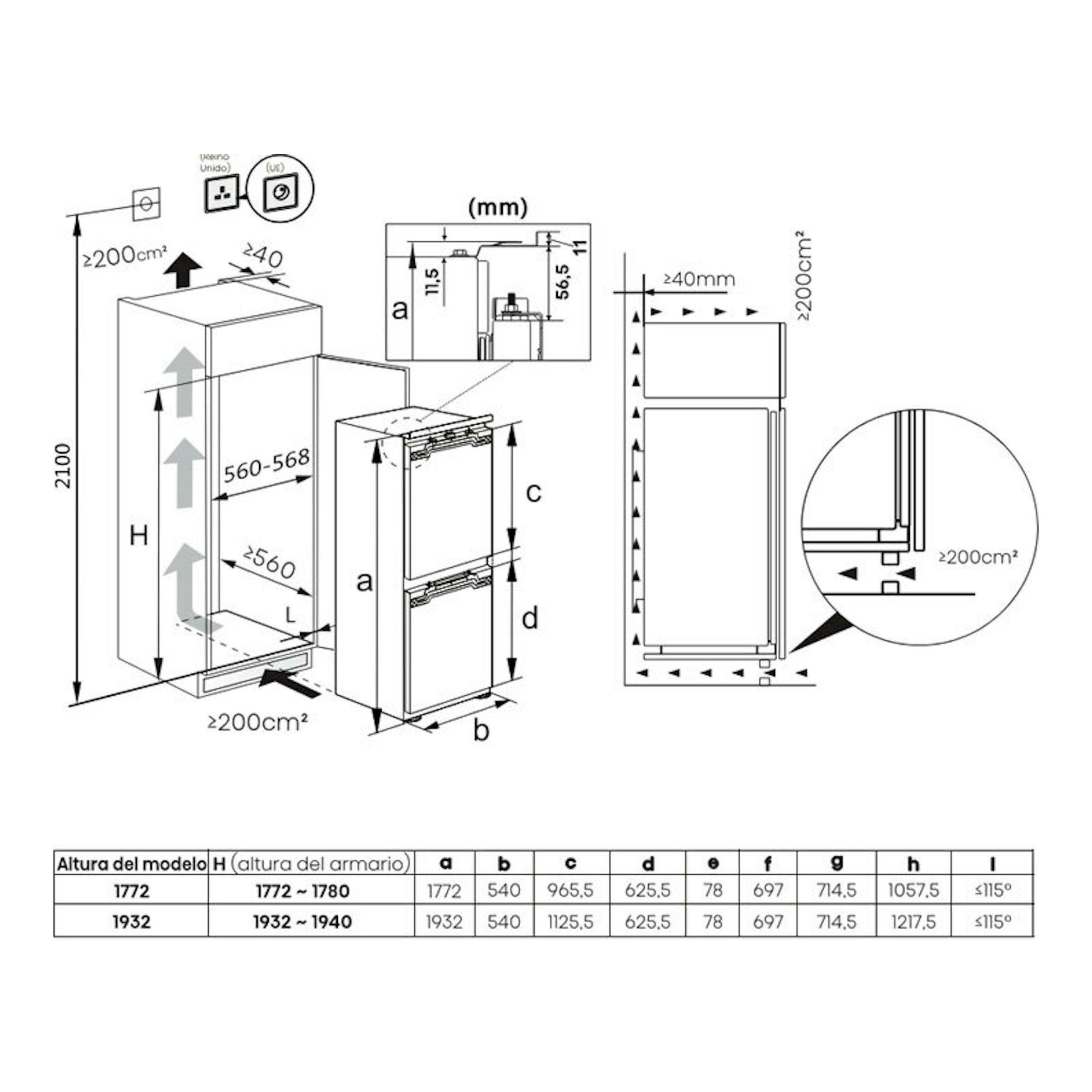 Diagrama técnico de instalación del frigorífico combi integrable Hisense RB3B250SAWE con medidas en mm.