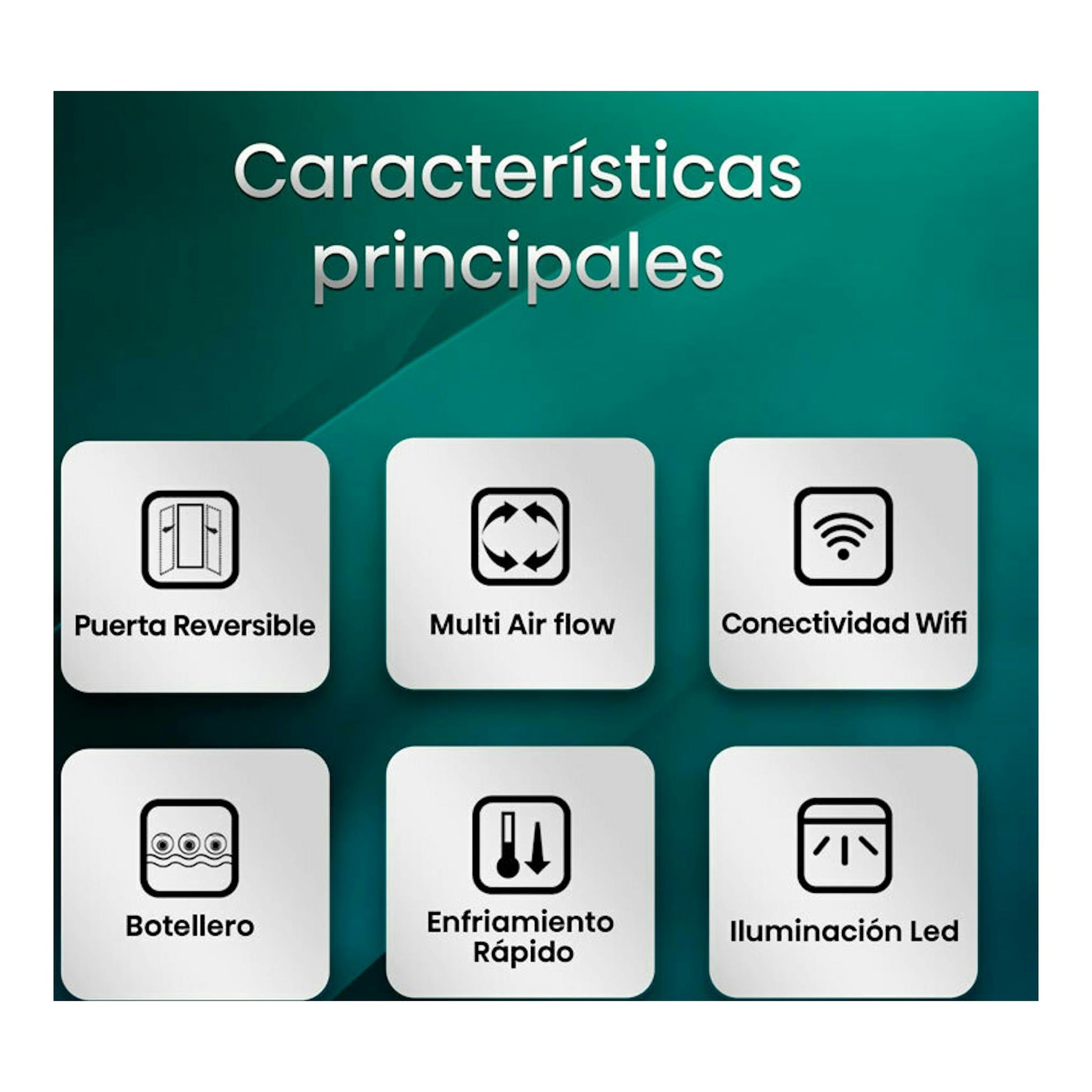 Infografía de Hisense RB3B250SAWE con iconos de puerta reversible, Multi Air Flow, WiFi, botellero y LED.
