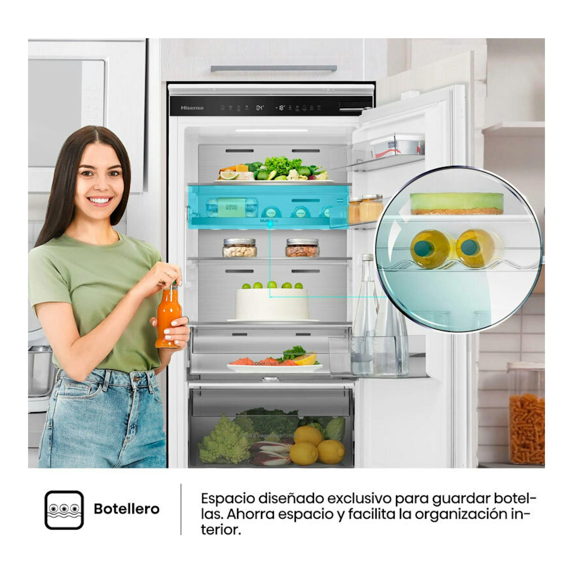 Frigorífico combi integrable Hisense blanco, visto de frente y abierto, con mujer y estantes llenos.