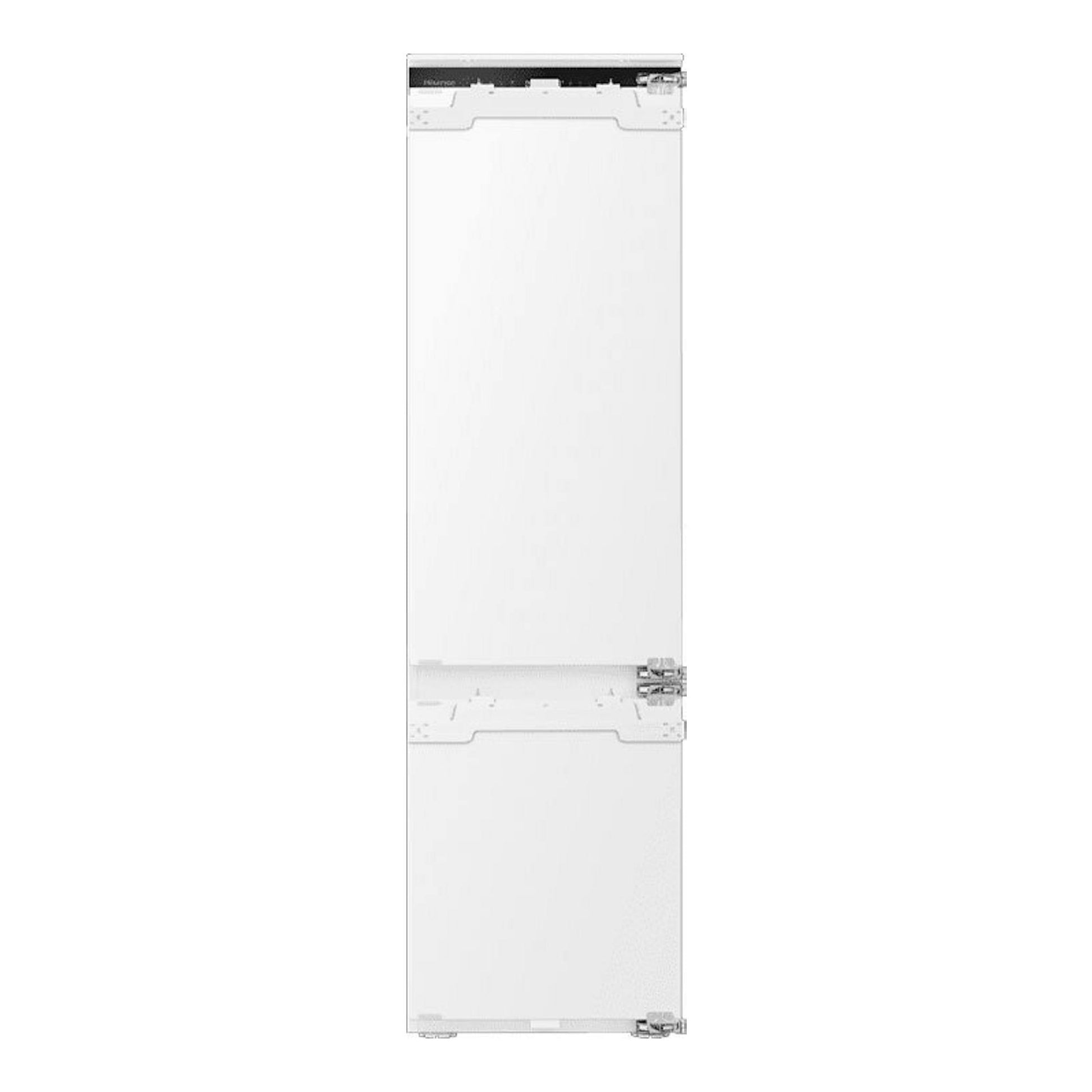 Frigorífico combi integrable Hisense RB3B280SAWE, vista frontal, panel blanco con herrajes de montaje visibles.