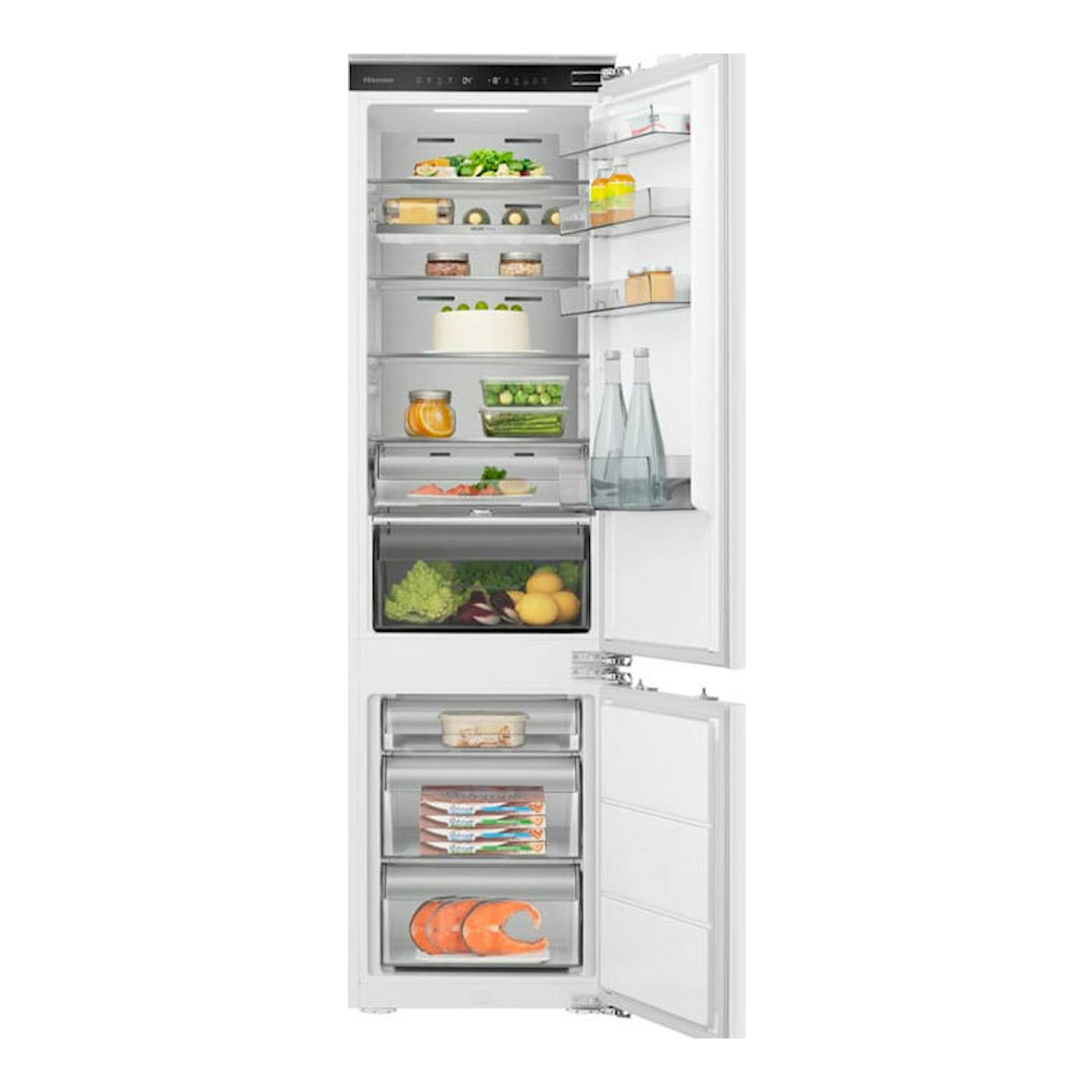Frigorífico combi integrable Hisense RB3B280SAWE blanco, frontal abierto con compartimentos y cajones visibles.