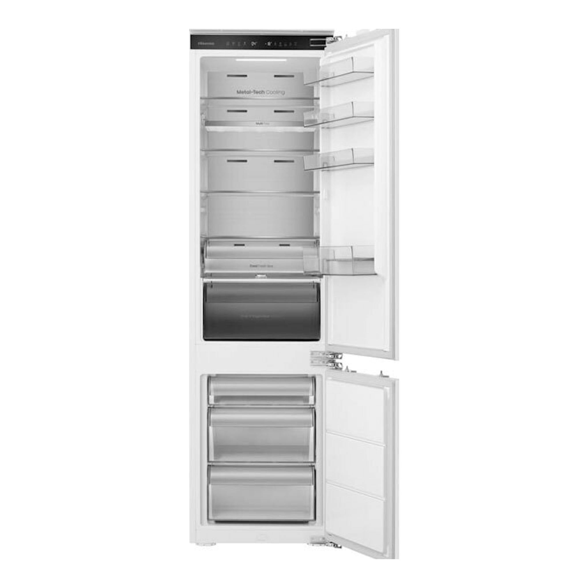 Frigorífico combi integrable Hisense RB3B280SAWE, vista frontal con puertas abiertas, en blanco.