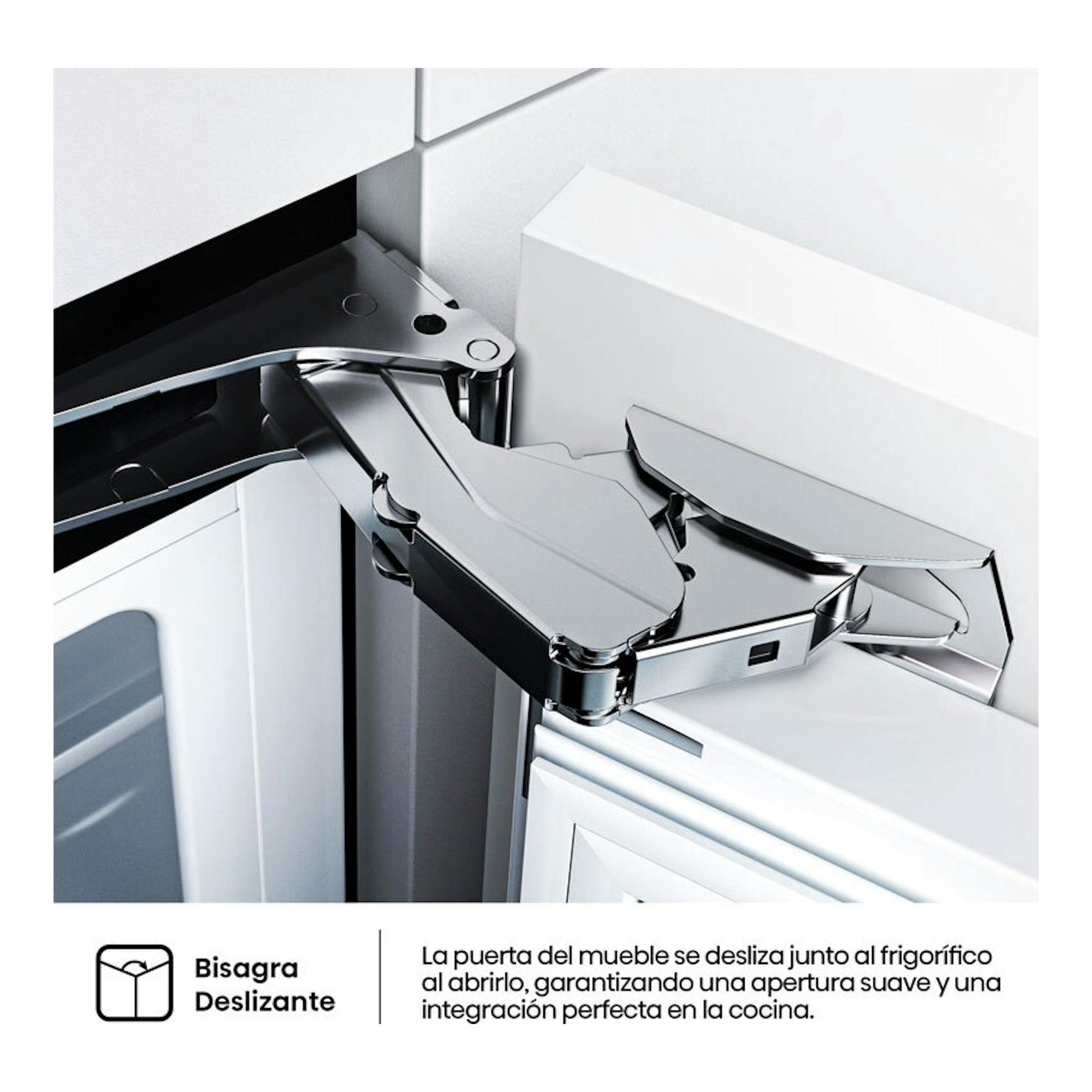 Detalle en primer plano de una bisagra deslizante metálica en frigorífico integrable Hisense RB3B370SAWD1, vista lateral.