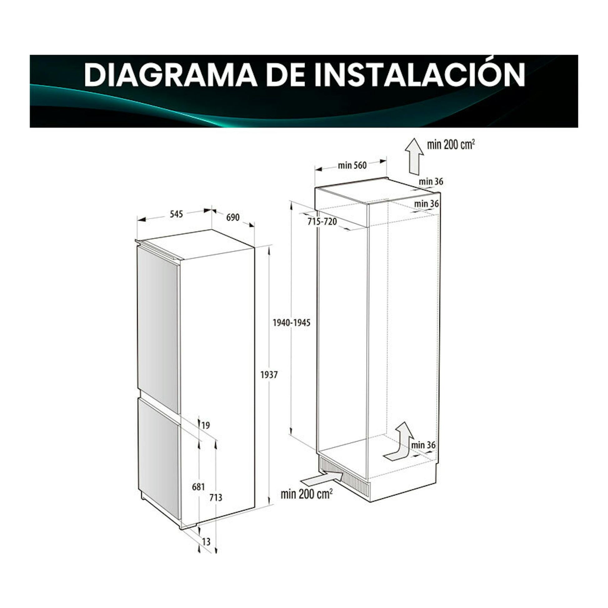 Diagrama de instalación del frigorífico combi integrable Hisense RB3B370SAWD1, vistas frontal y lateral con medidas.