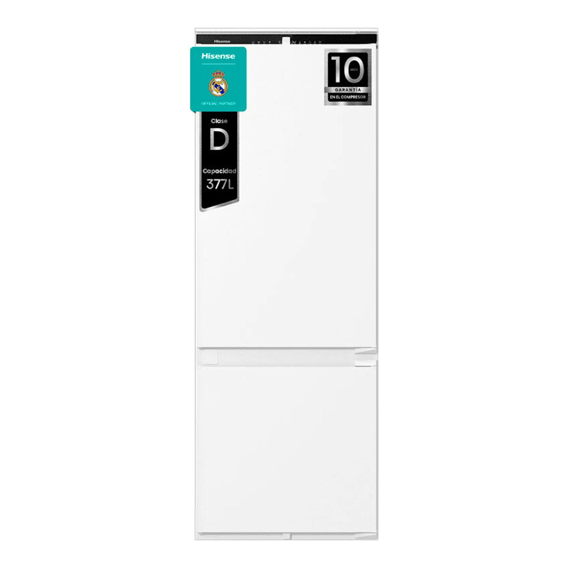Frigorífico combi integrable Hisense RB3B370SAWD1, vista frontal, blanco, de dos puertas.