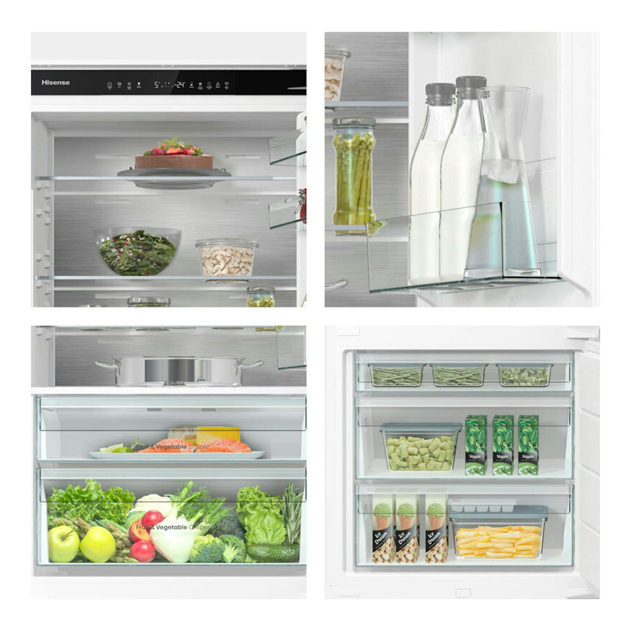 Frigorífico integrable Hisense RB3B370SAWD1, interior blanco con estantes de cristal, alimentos y botellas.