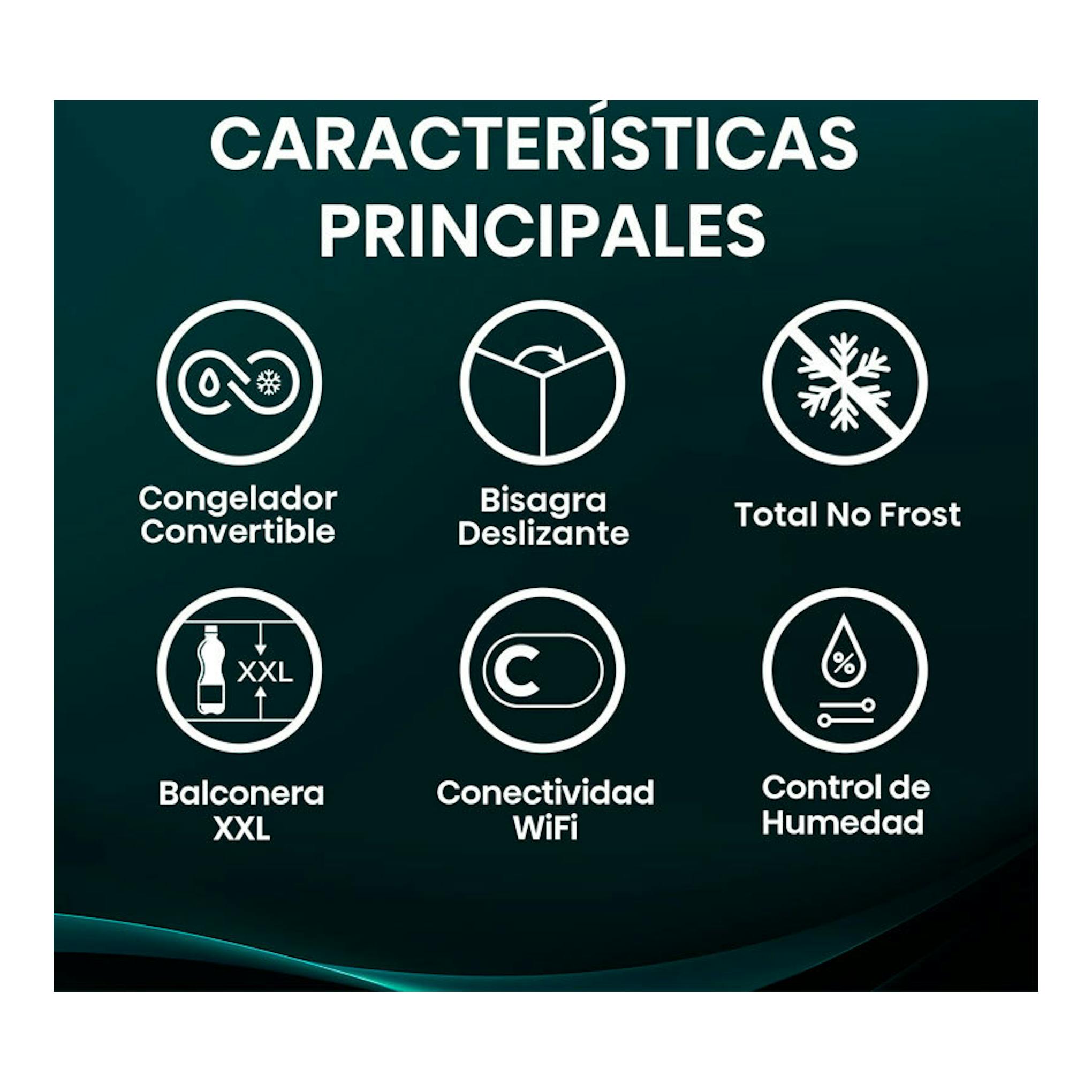 Infografía de Hisense RB3B370SAWD1 con iconos de congelador convertible, Total No Frost, WiFi y control de humedad.