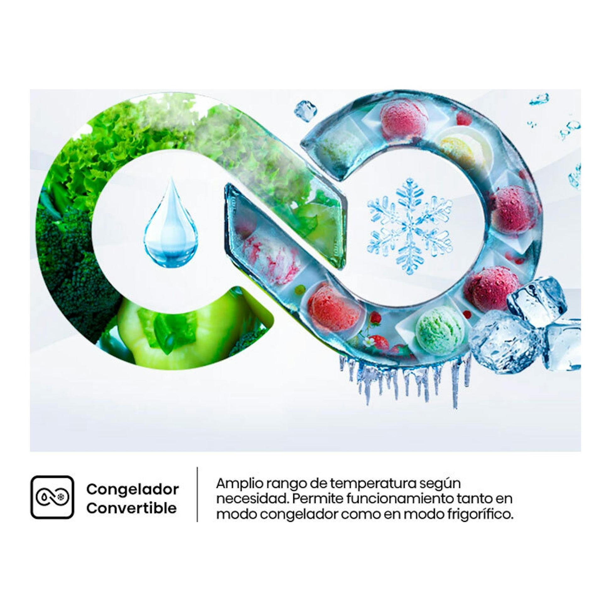 Gráfico de Hisense RB3B370SAWD1 con congelador convertible, frutas, hielo y copos de nieve.