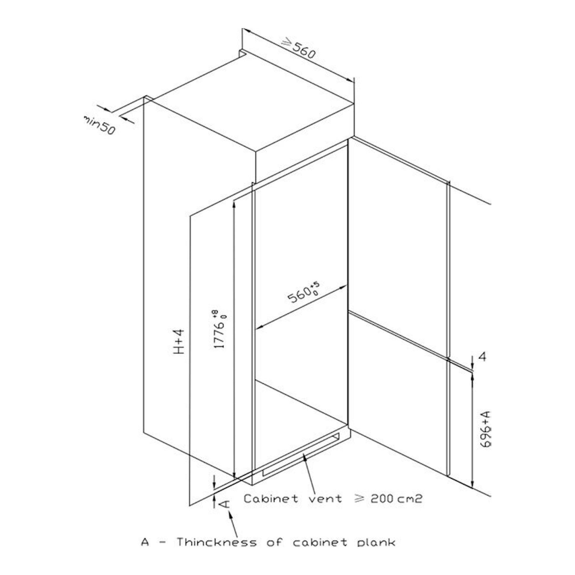Midea MDRE353FGE01: esquema técnico en blanco y negro de frigorífico combi integrable con medidas de instalación.