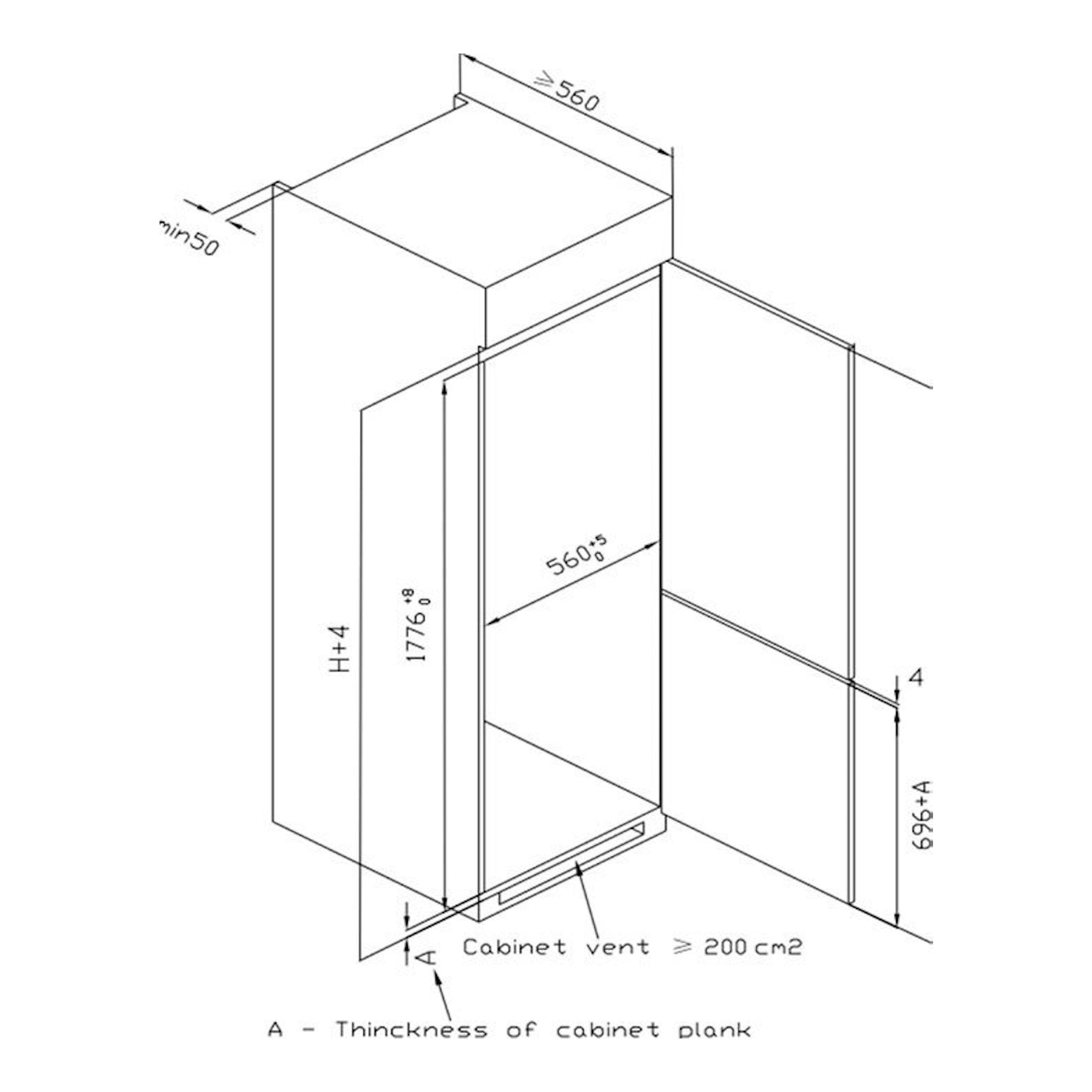 Midea MDRE353FGE01: esquema técnico en blanco y negro de frigorífico combi integrable con medidas de instalación.