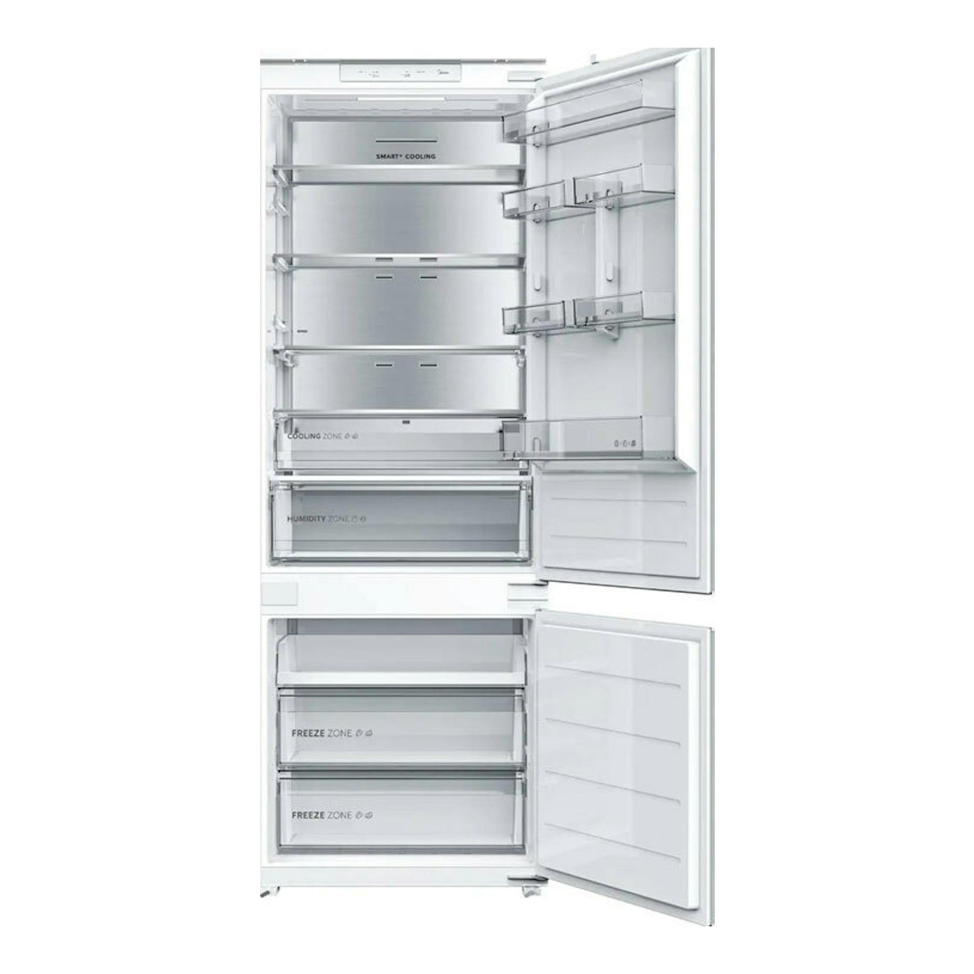Frigorífico combi integrable Midea MDRE554FGD01, puertas abiertas, interior blanco con cajones y baldas.