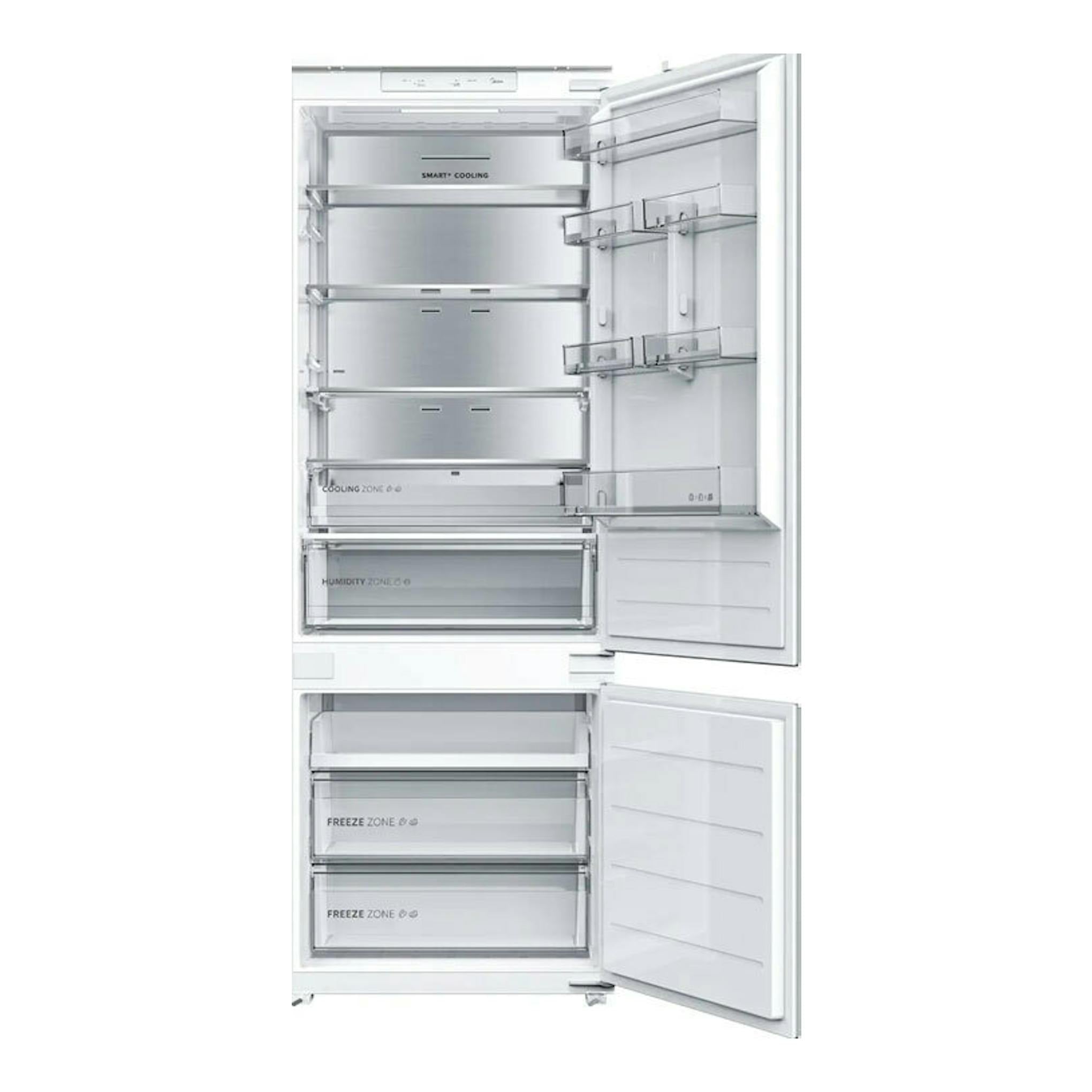 Frigorífico combi integrable Midea MDRE554FGD01, puertas abiertas, interior blanco con cajones y baldas.