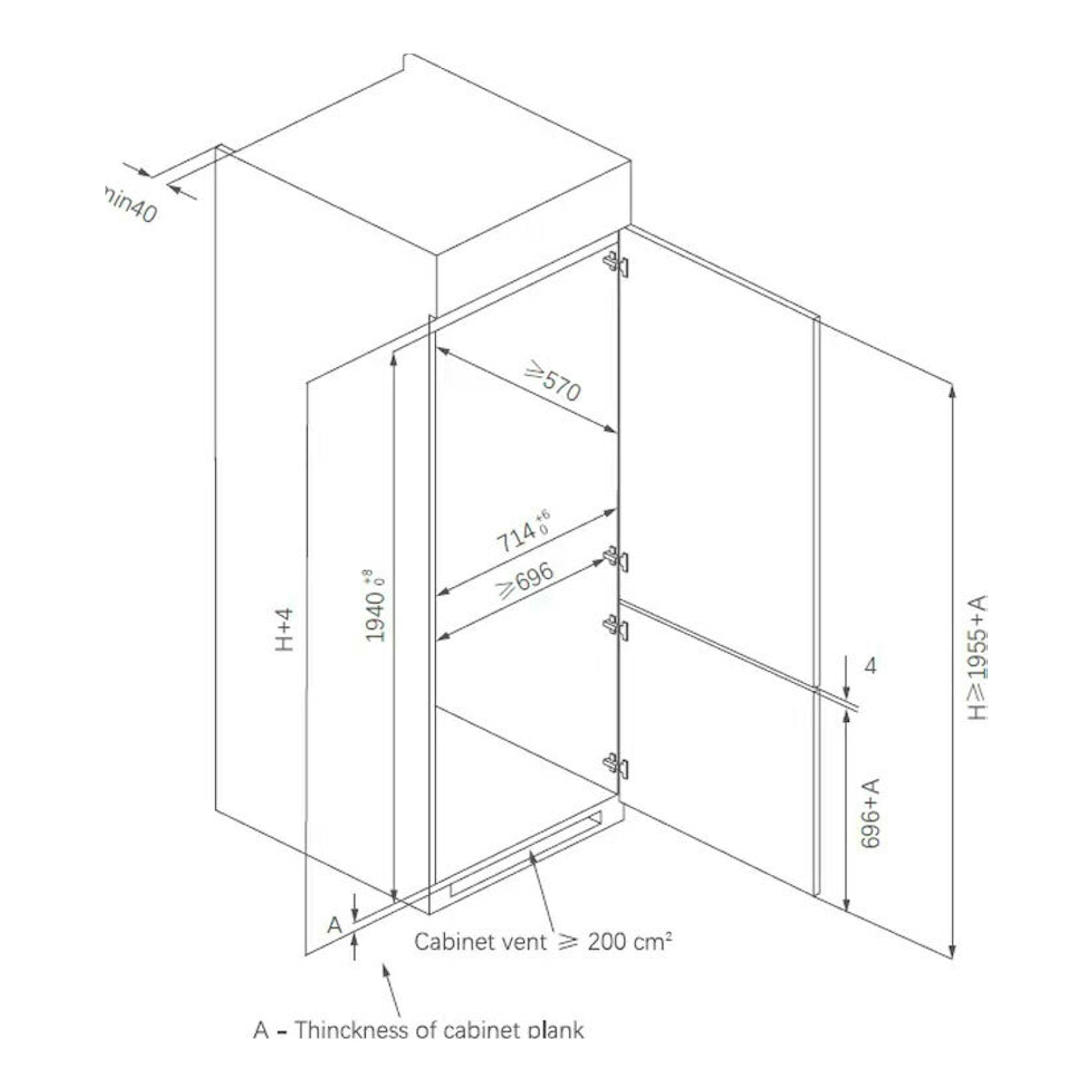Esquema técnico de instalación de frigorífico integrable Midea MDRE554FGD01, vista frontal, con medidas y hueco.