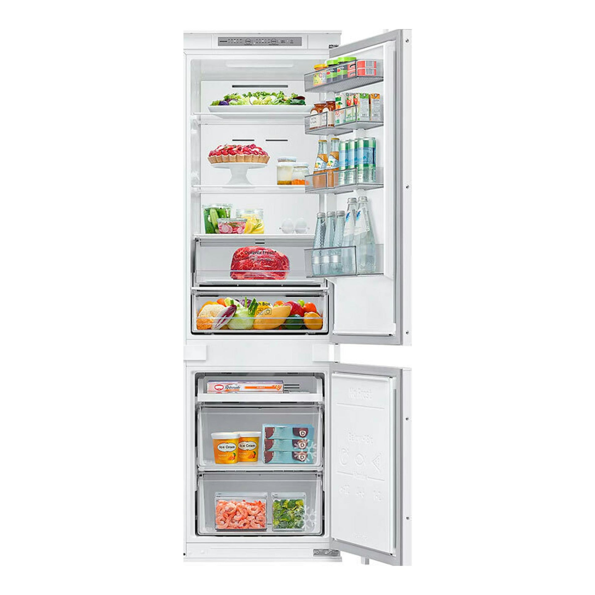 Frigorífico combi integrable Samsung BRB70F26DES0EF, blanco, abierto, vista frontal con nevera y congelador.