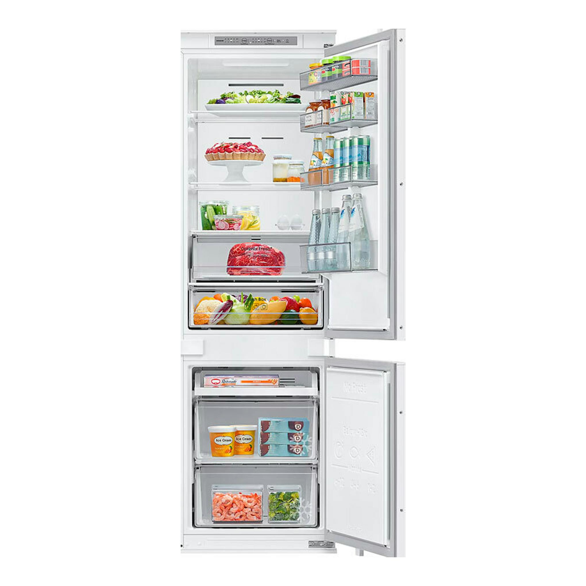 Frigorífico combi integrable Samsung BRB70F26DES0EF, blanco, abierto, vista frontal con nevera y congelador.