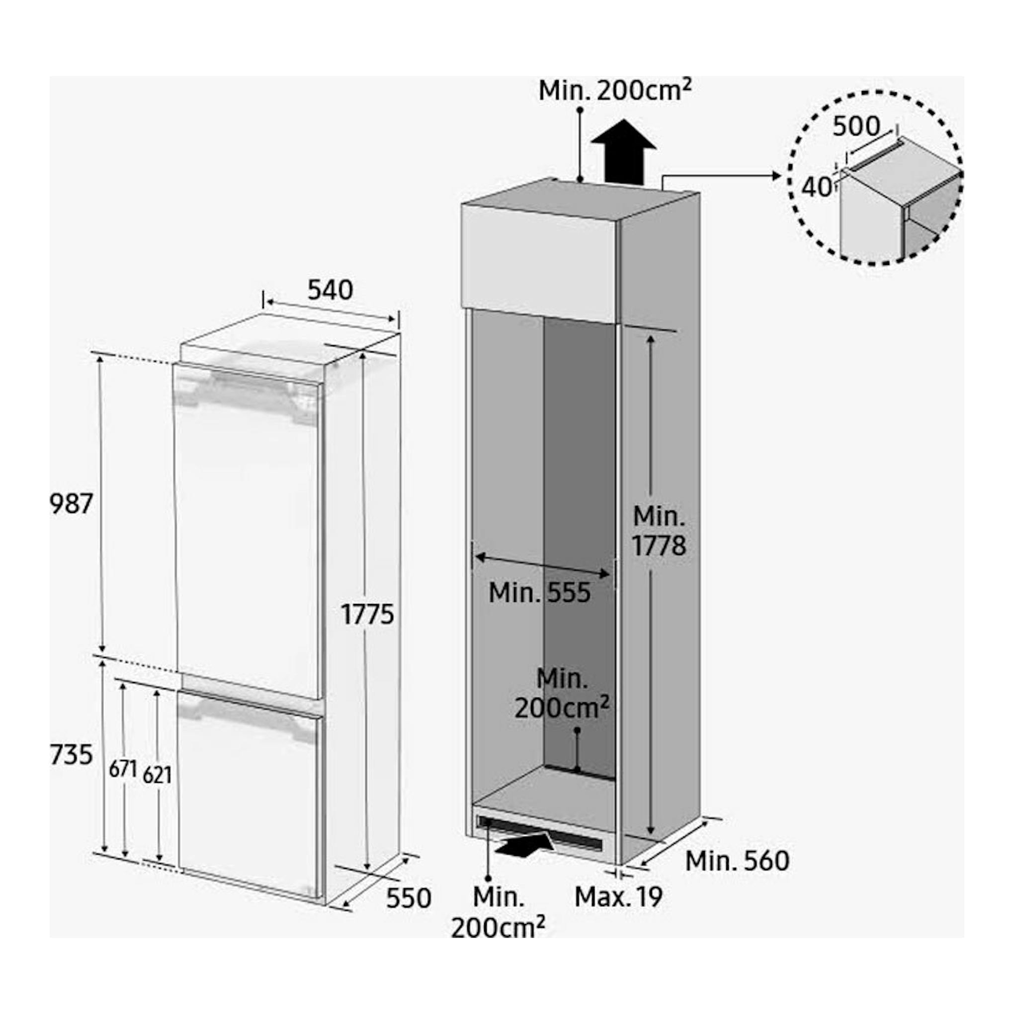 Diagrama técnico del frigorífico combi integrable Samsung BRB70F26DES0EF, con vista frontal y hueco de instalación.
