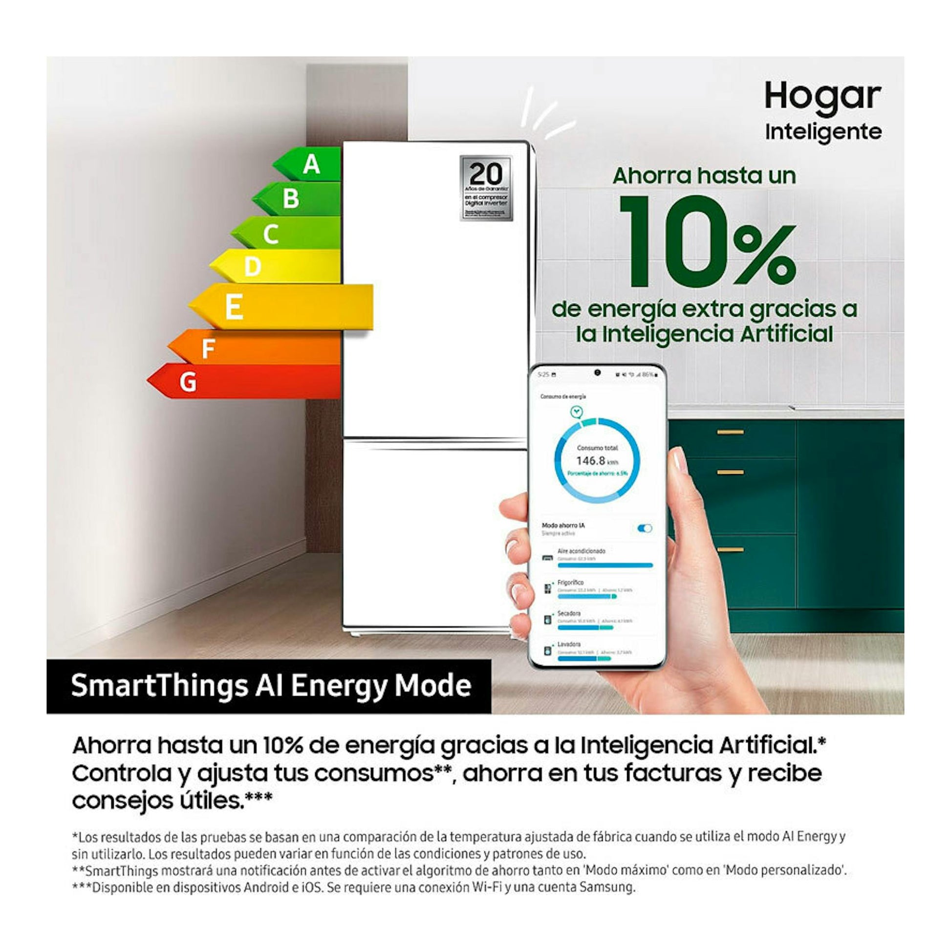 Frigorífico combi integrable Samsung BRB70F26DES0EF, vista frontal, blanco, junto a un móvil con consumo energético.