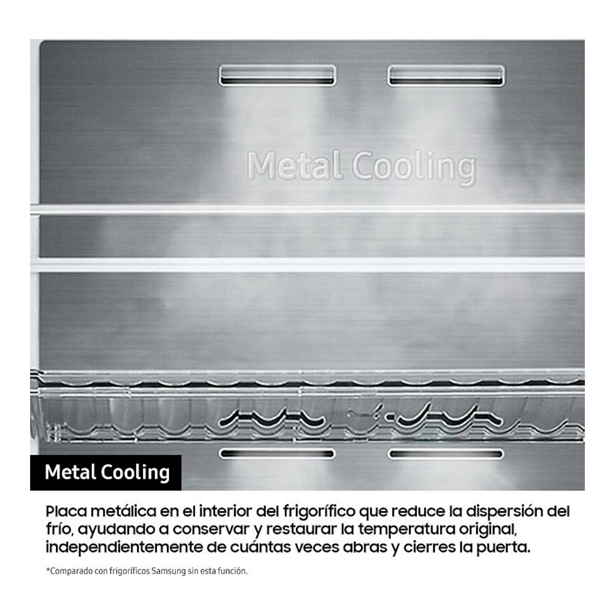 Samsung BRB80F30ADS0EF: interior metálico del frigorífico, vista frontal, con panel trasero “Metal Cooling”.