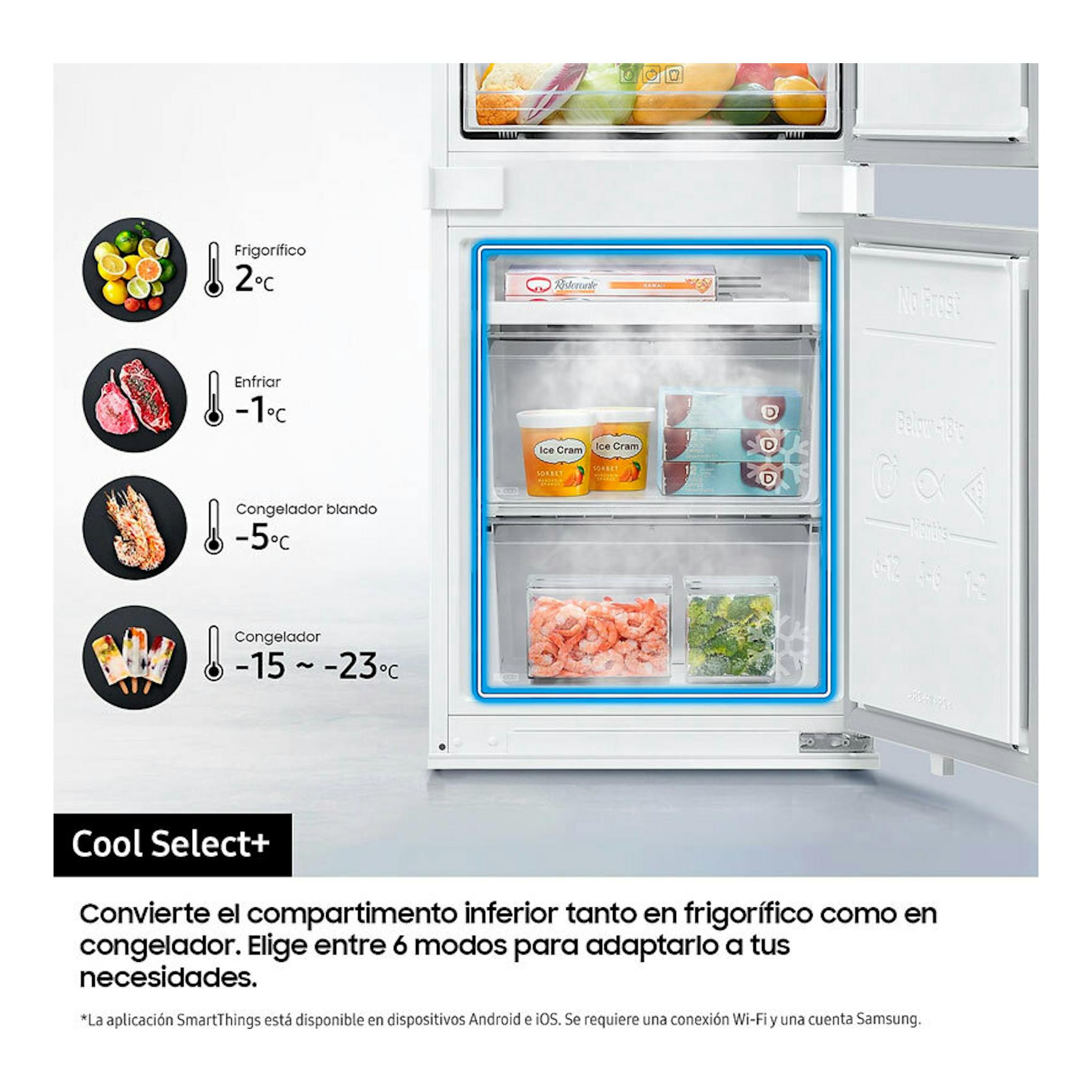 Frigorífico combi integrable Samsung BRB80F30ADS0EF blanco, vista frontal con puerta abierta y compartimento inferior visible.