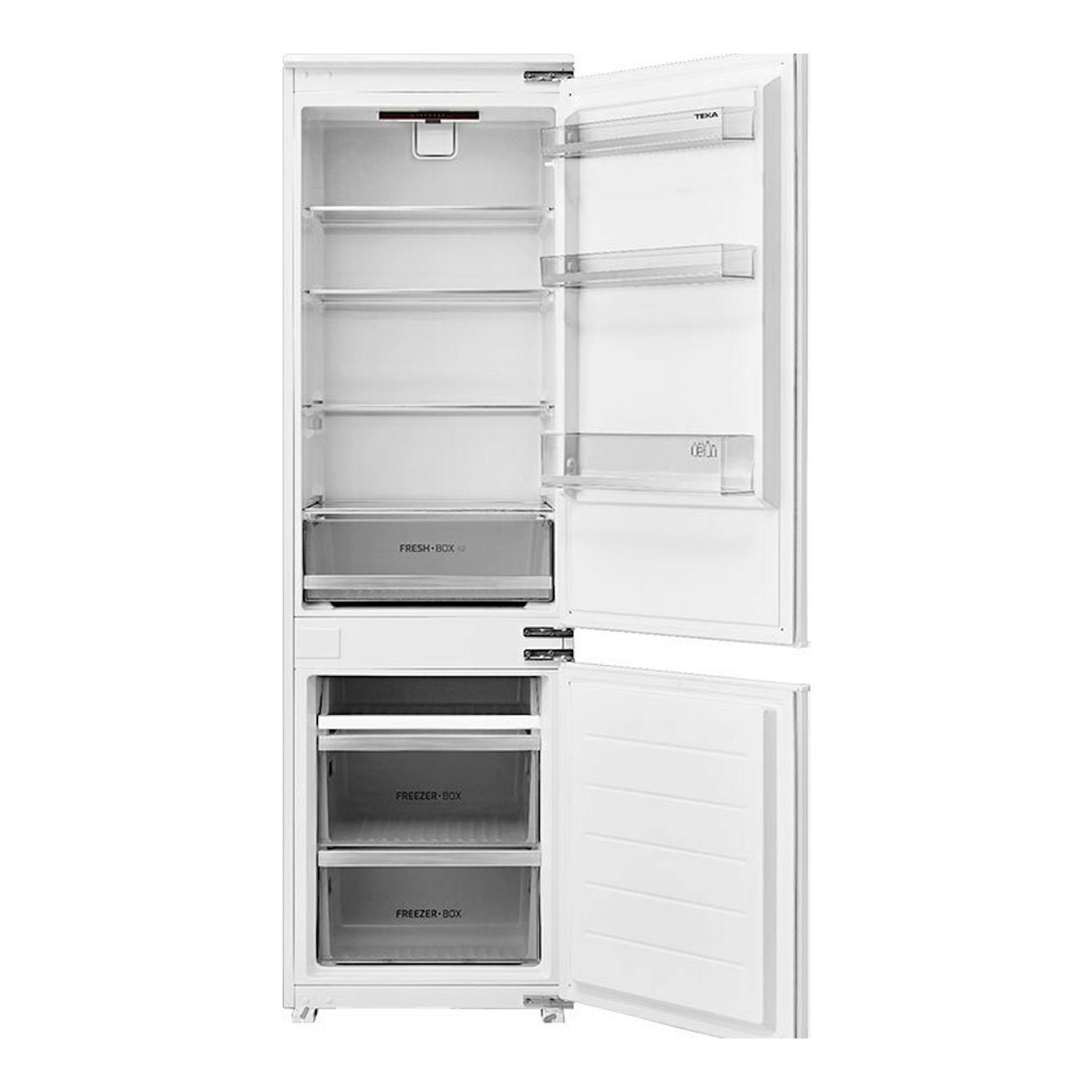 Frigorífico combi integrable Teka RBF43345FI blanco, vista frontal con puertas abiertas y cajones visibles.