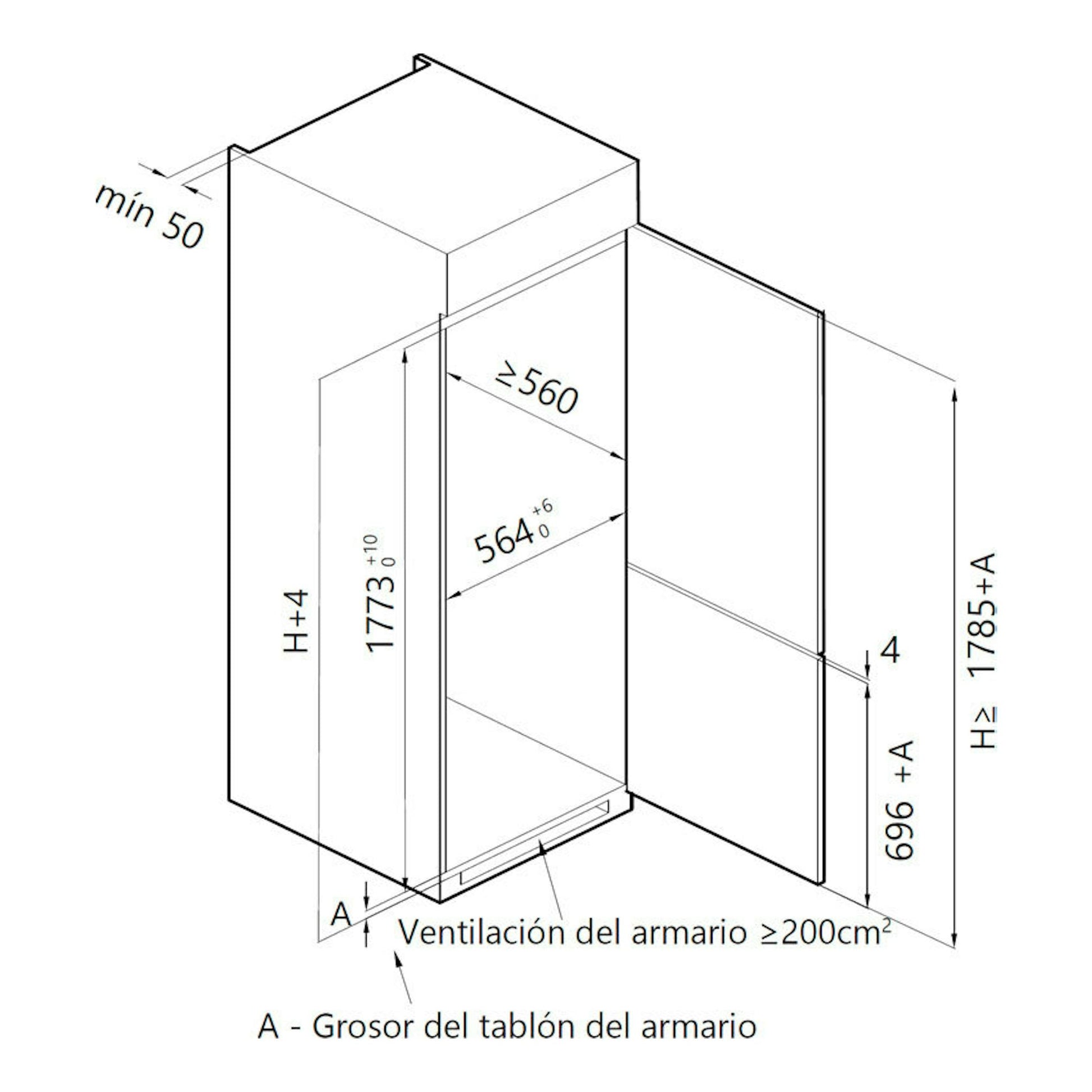Esquema de instalación de frigorífico combi integrable Teka RBF43345FI, vista frontal y lateral, con medidas.