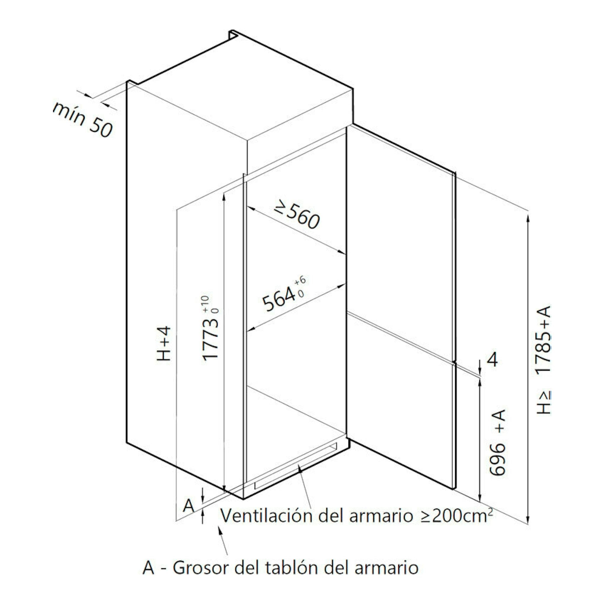 Esquema de instalación de frigorífico combi integrable Teka RBF43345FI, vista frontal y lateral, con medidas.