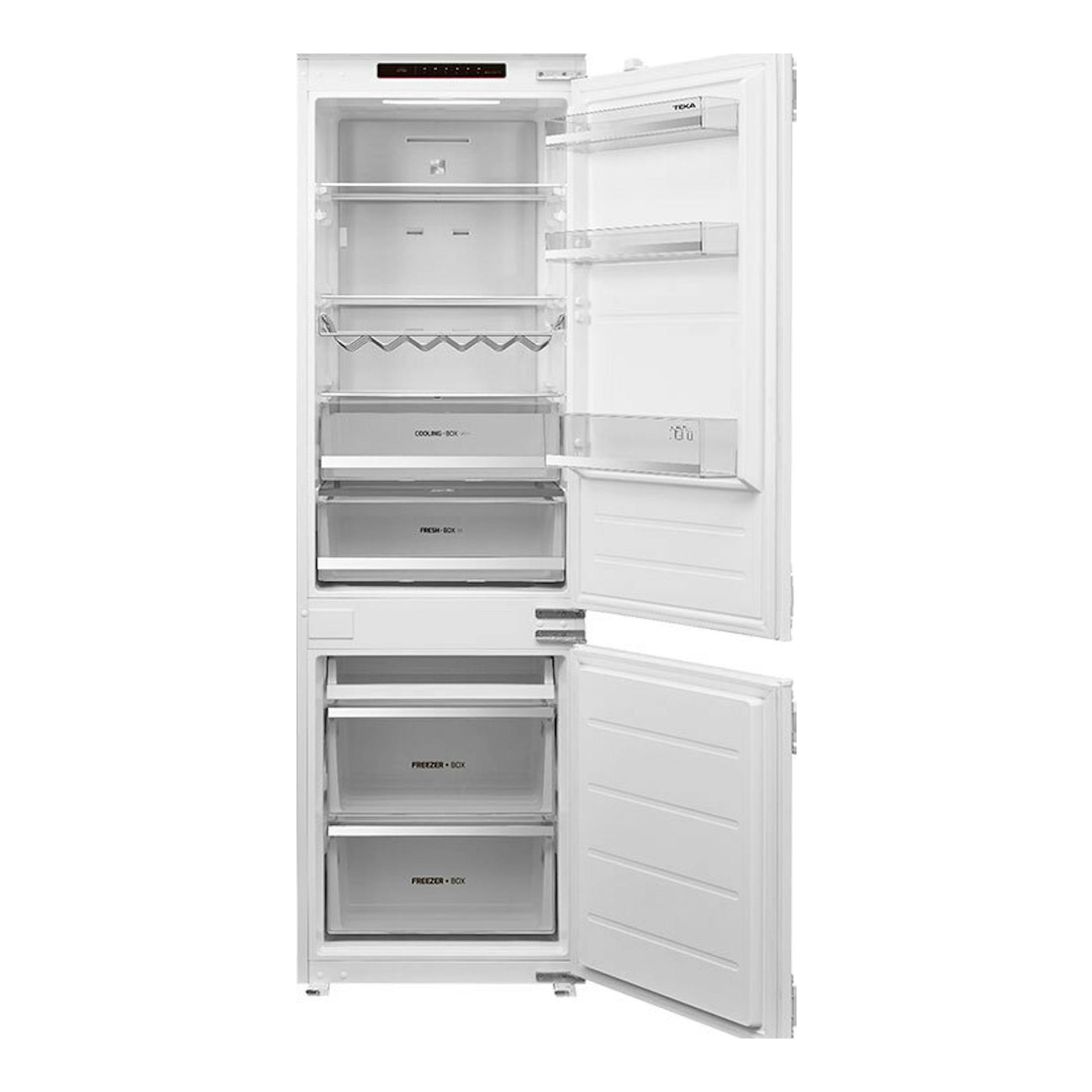 Frigorífico combi integrable Teka RBF73395FI blanco, vista frontal con puertas abiertas y cajones visibles.