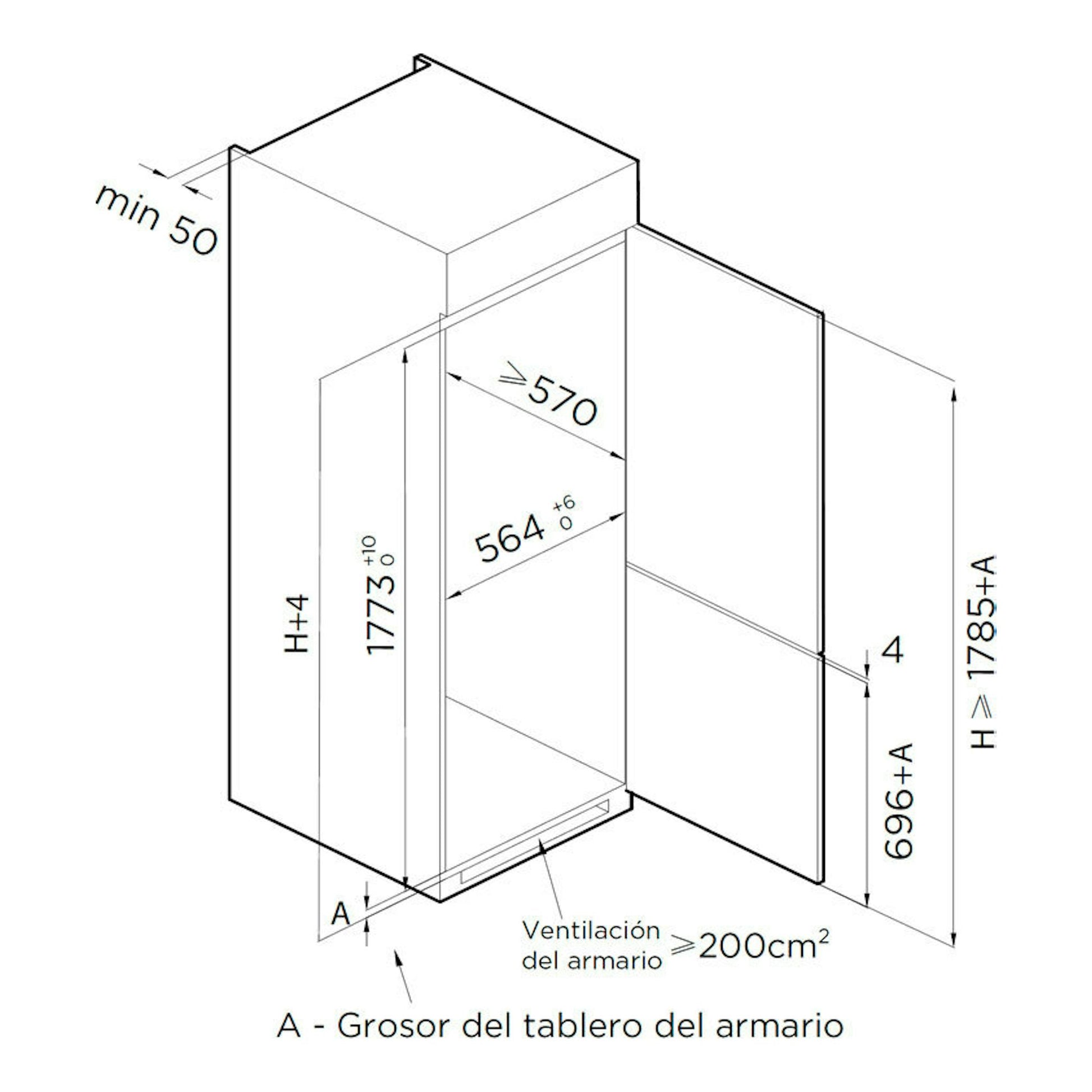 Esquema técnico en blanco y negro de instalación de frigorífico combi integrable Teka RBF73395FI, vista 3/4.