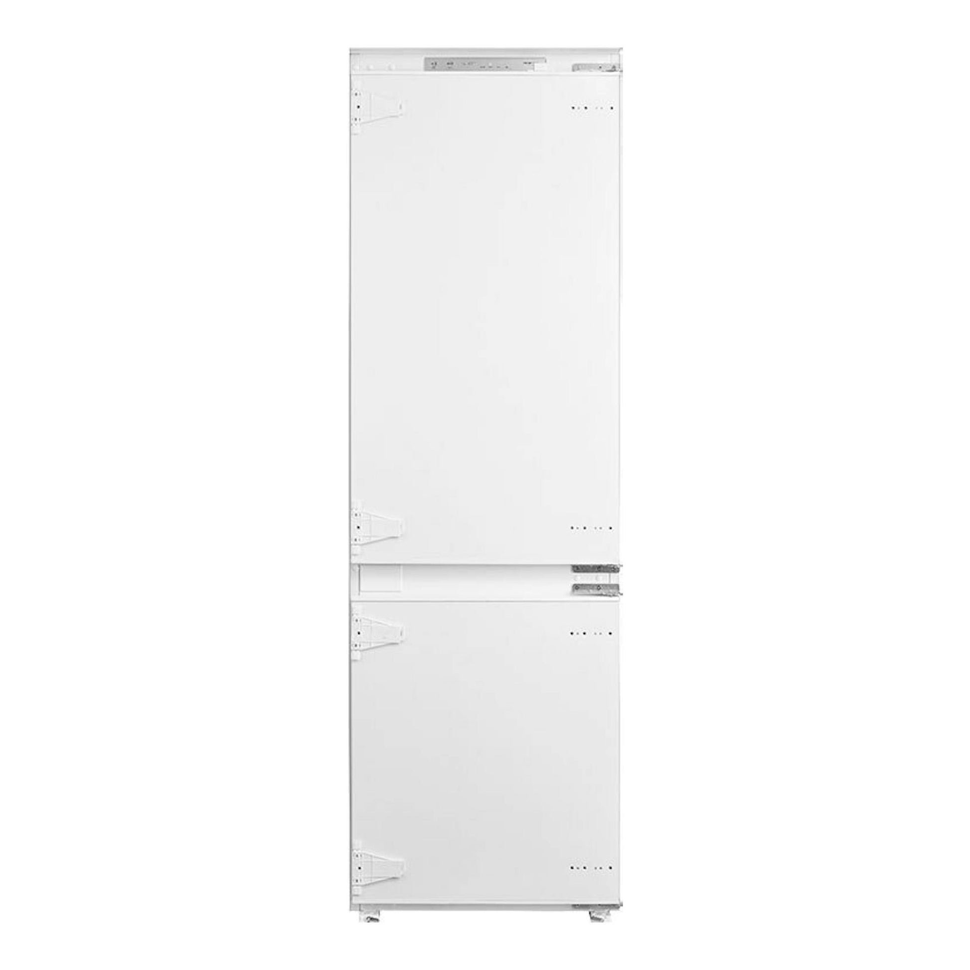 Frigorífico combi integrable Teka RBF73395FI, vista frontal, paneles blancos y bisagras visibles.