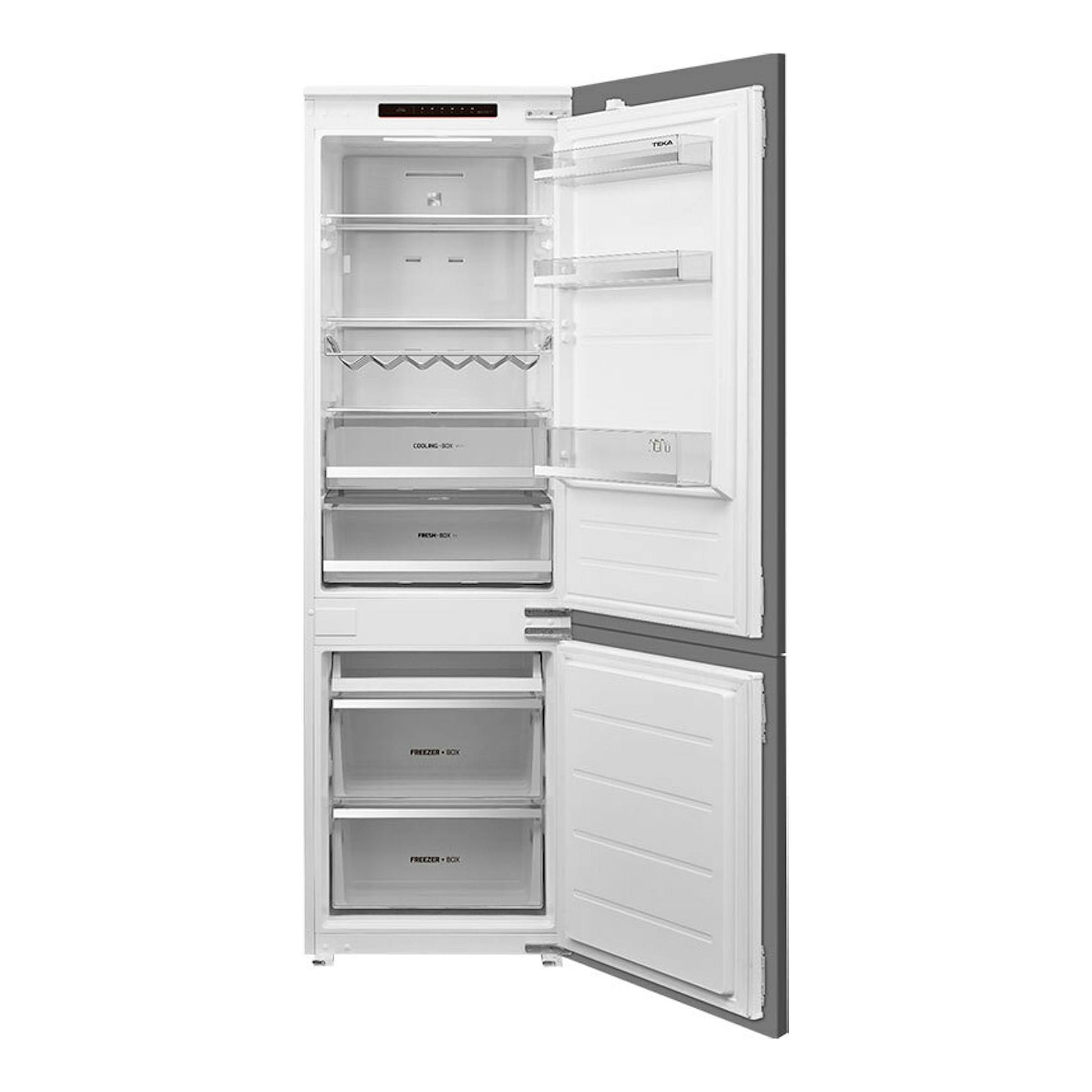 Frigorífico combi integrable Teka RBF73395FI blanco, con puertas abiertas y compartimentos visibles.