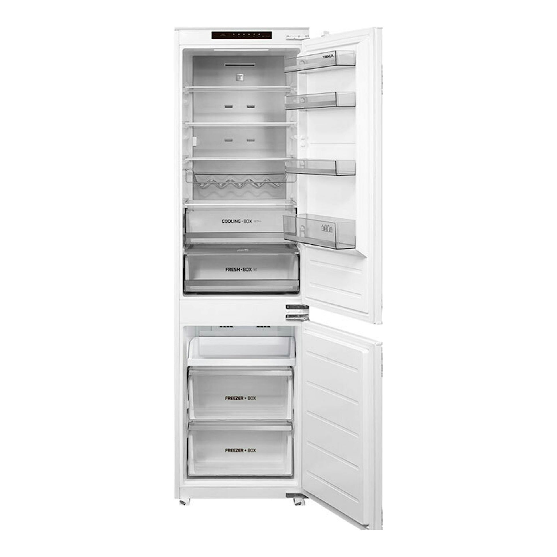Frigorífico combi integrable Teka RBF78385FI blanco, abierto de frente con compartimentos visibles.