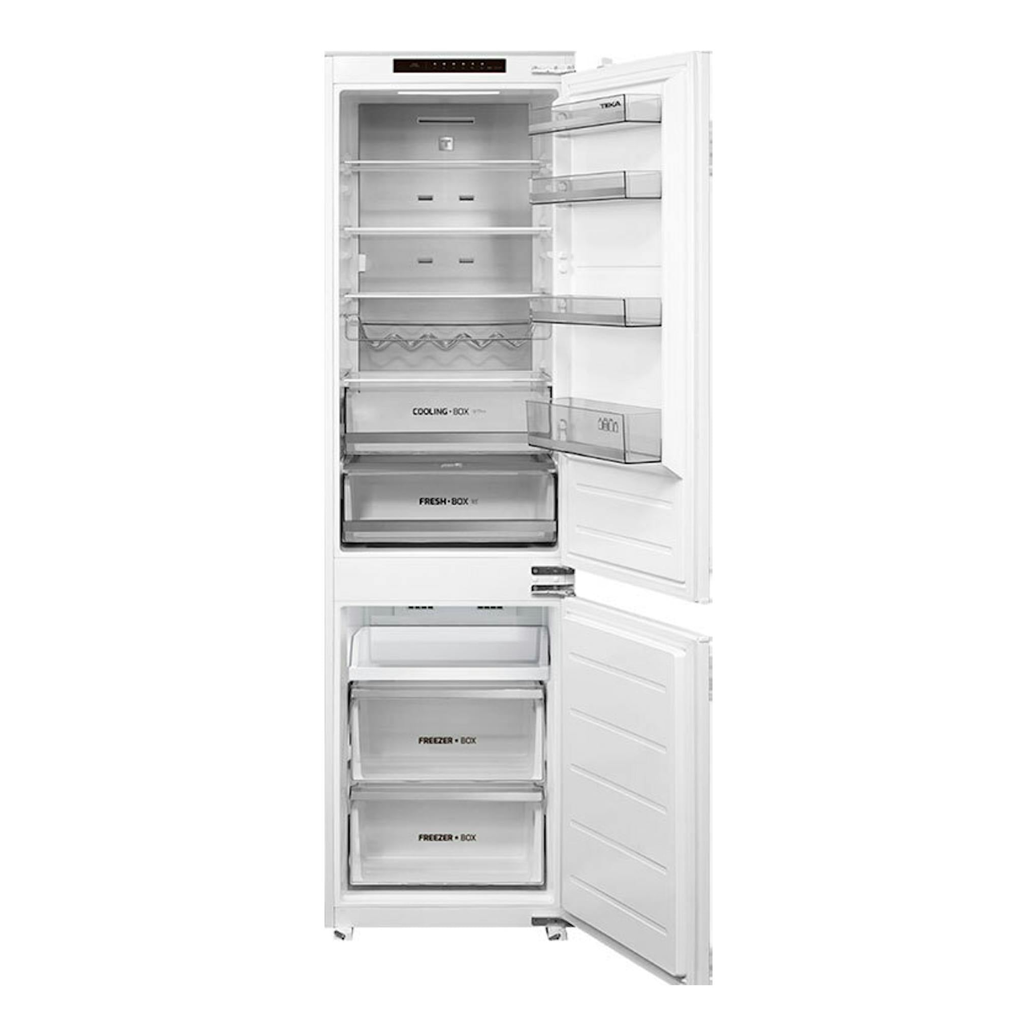Frigorífico combi integrable Teka RBF78385FI blanco, abierto de frente con compartimentos visibles.