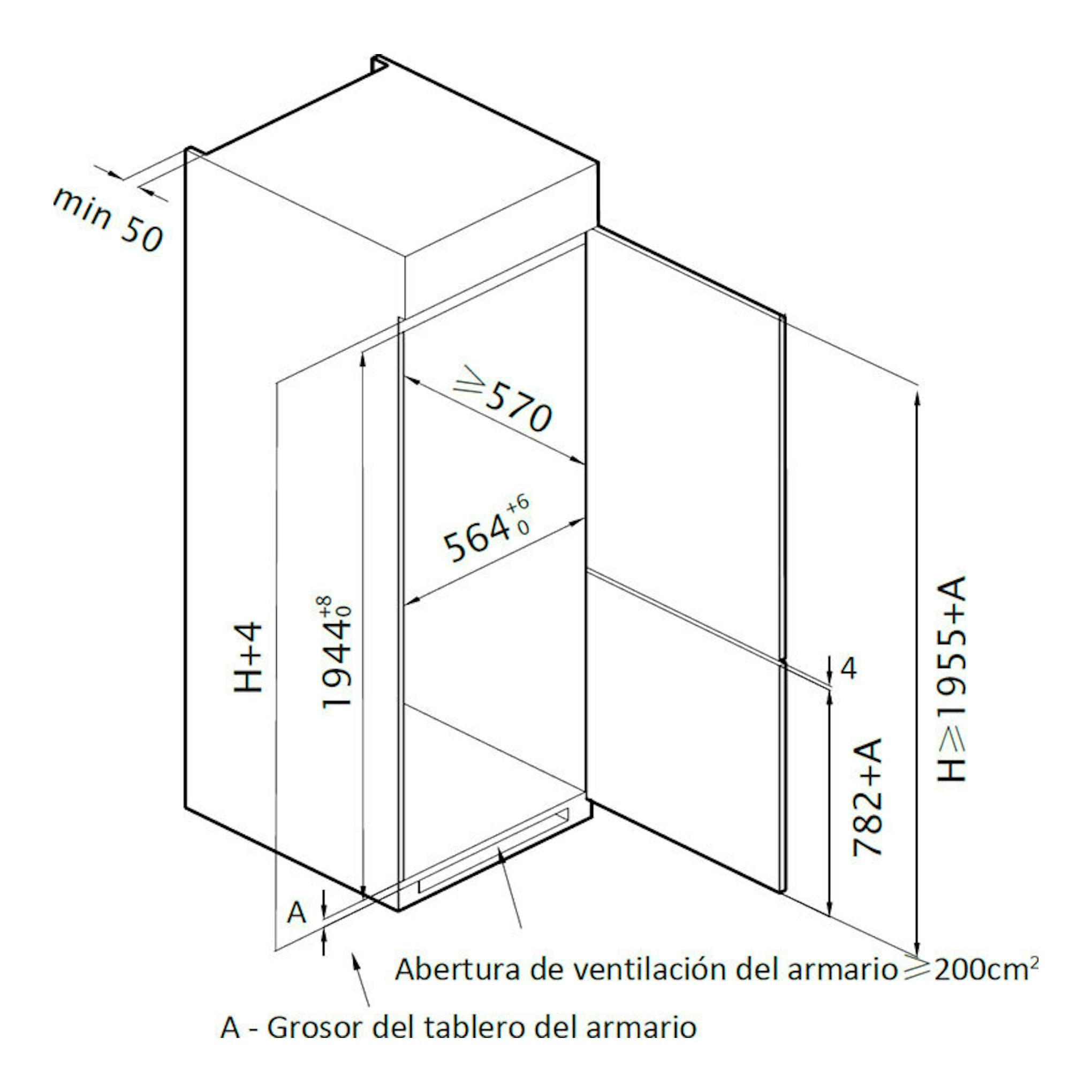 Diagrama técnico en blanco y negro de instalación del frigorífico integrable Teka RBF78385FI, vista isométrica.