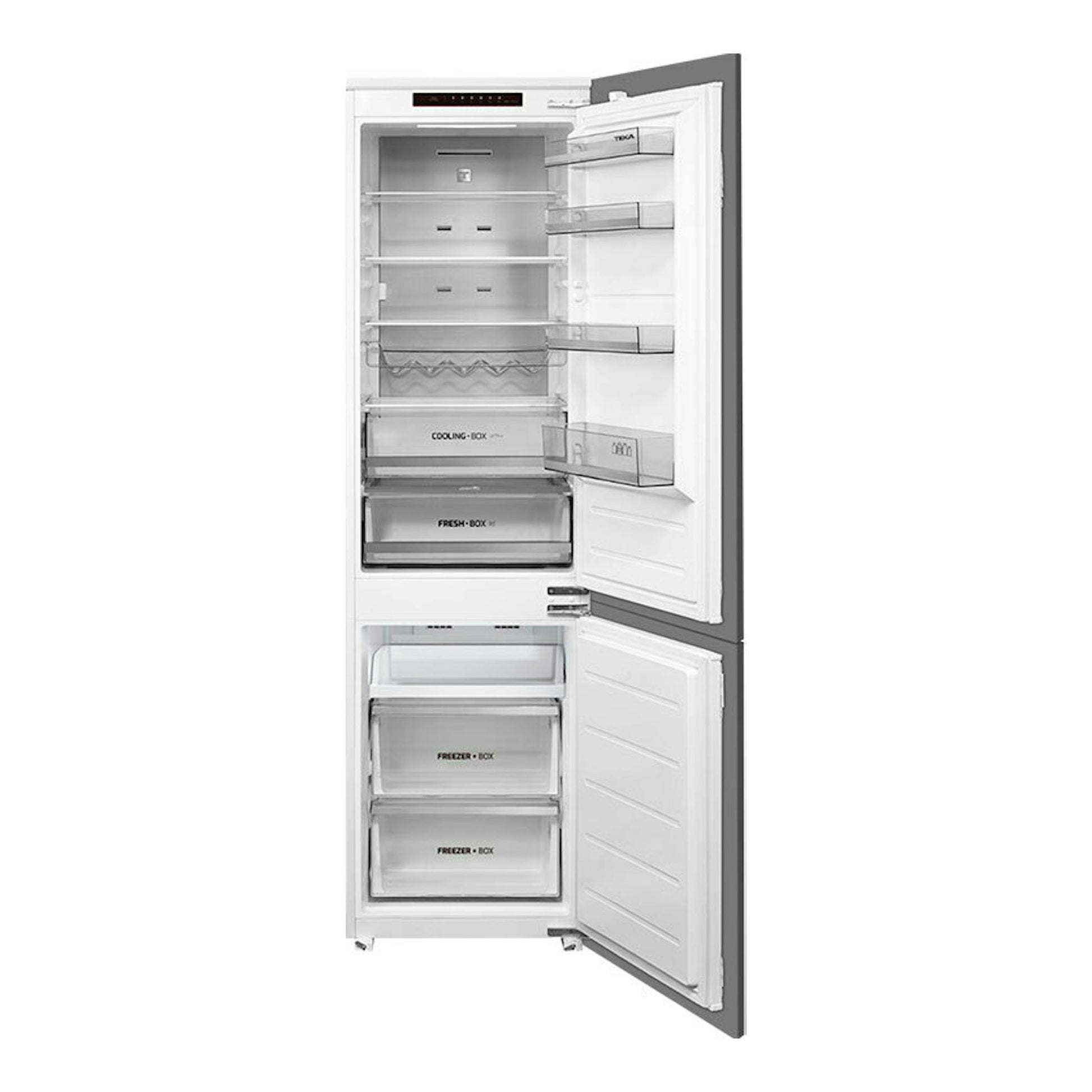 Frigorífico combi integrable Teka RBF78385FI blanco, vista frontal con puertas abiertas.